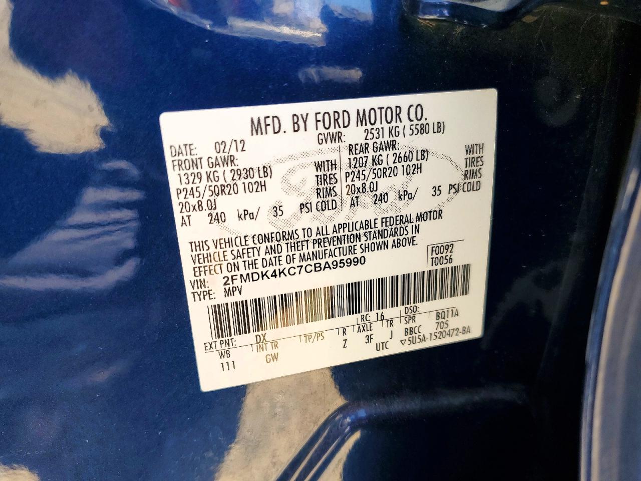 2012 Ford Edge Limited Blue vin: 2FMDK4KC7CBA95990