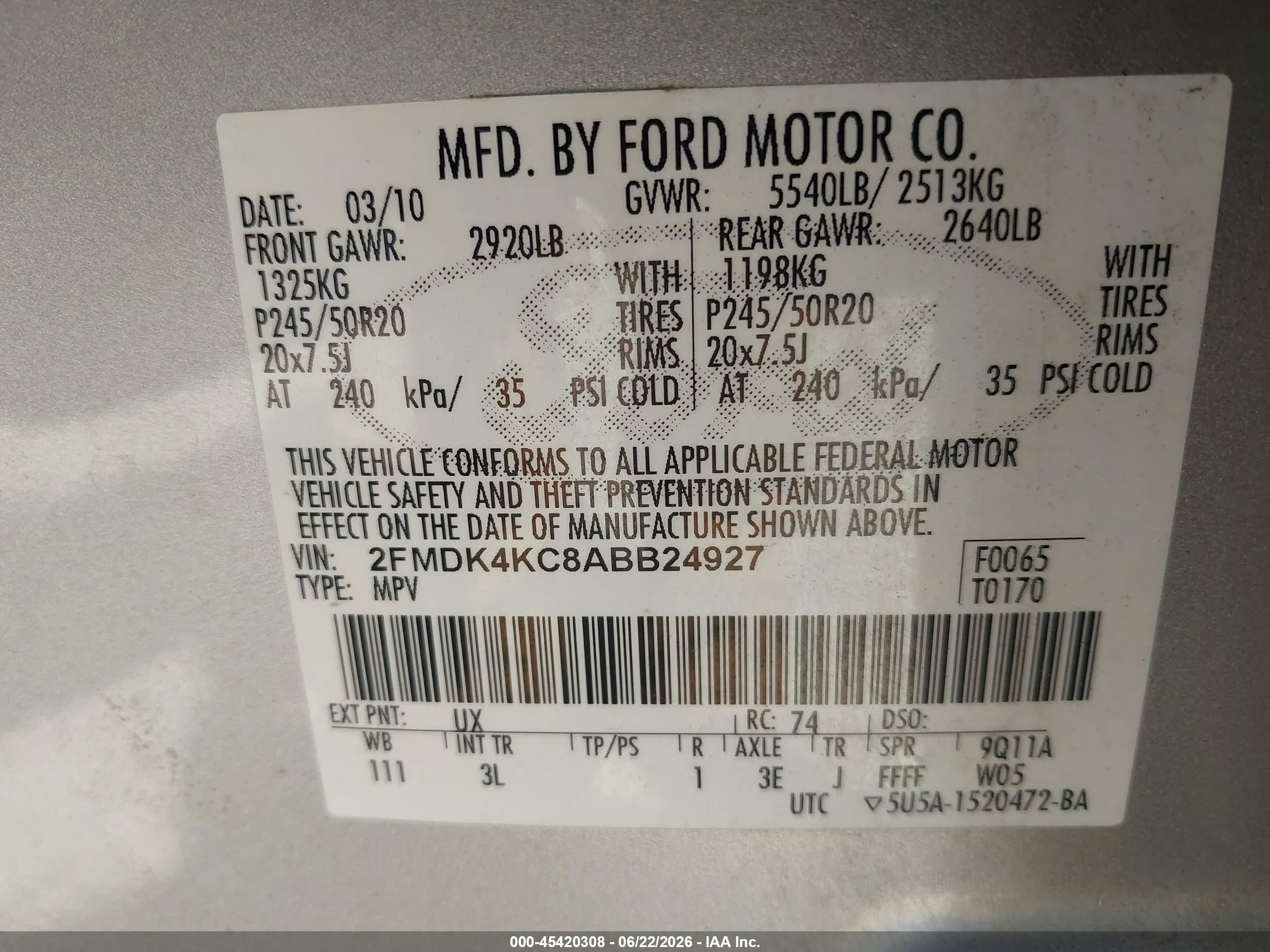 2010 Ford Edge Limited Silver vin: 2FMDK4KC8ABB24927