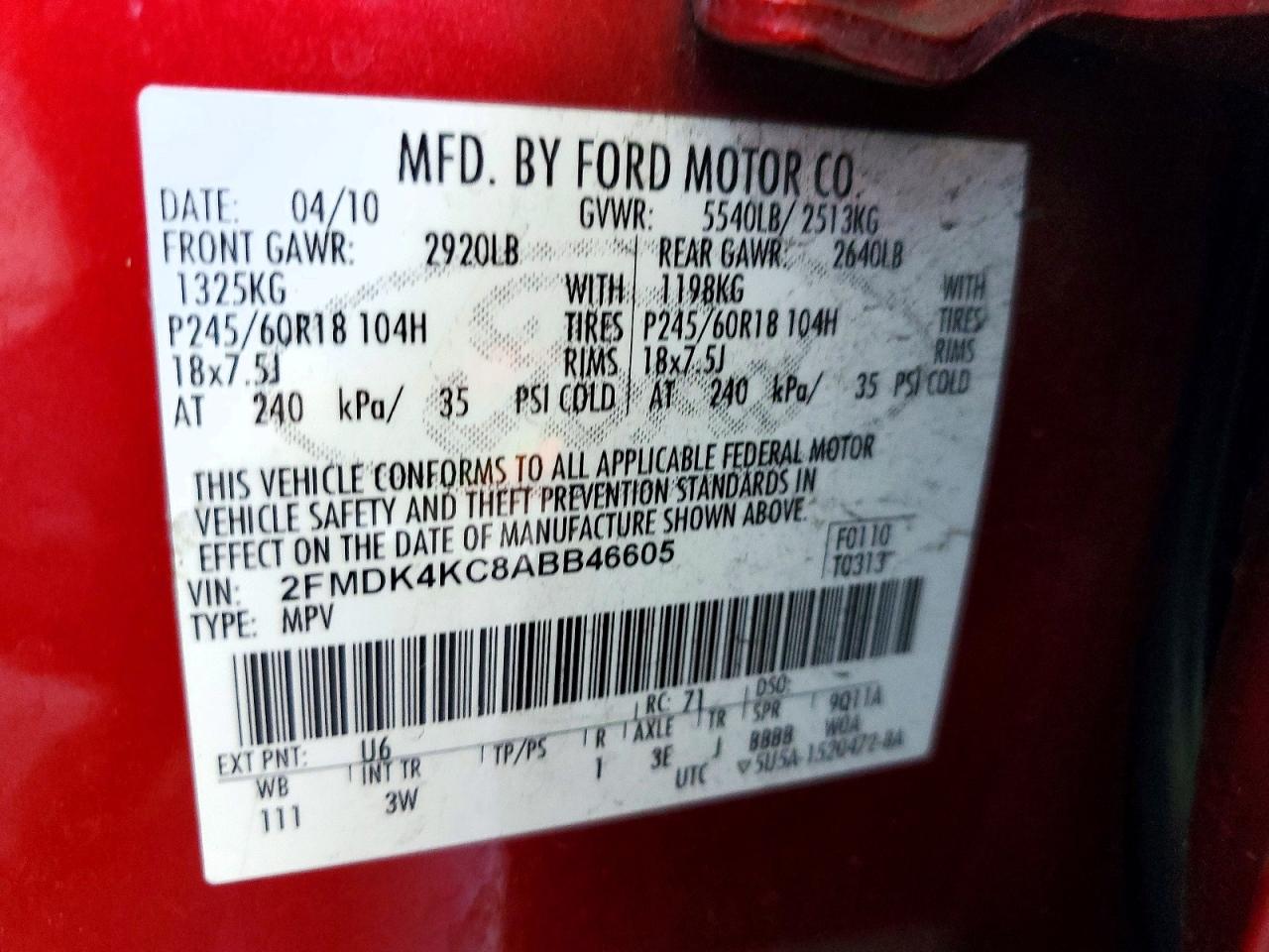 2010 Ford Edge Limited Red vin: 2FMDK4KC8ABB46605