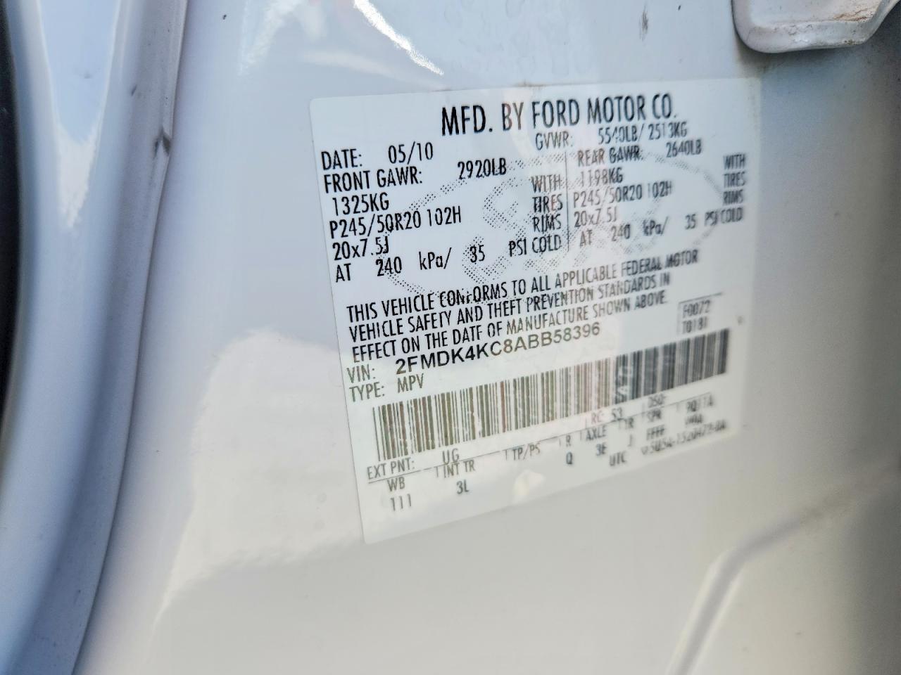 2010 Ford Edge Limited Белый vin: 2FMDK4KC8ABB58396