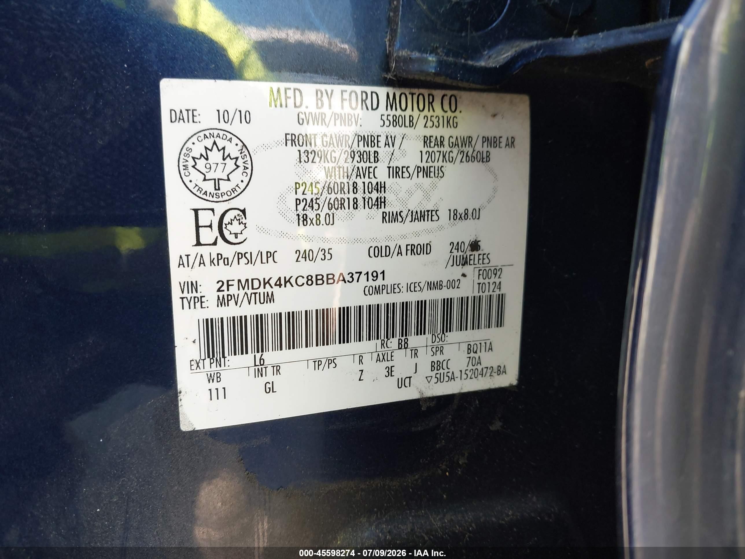 2011 Ford Edge Limited Blue vin: 2FMDK4KC8BBA37191