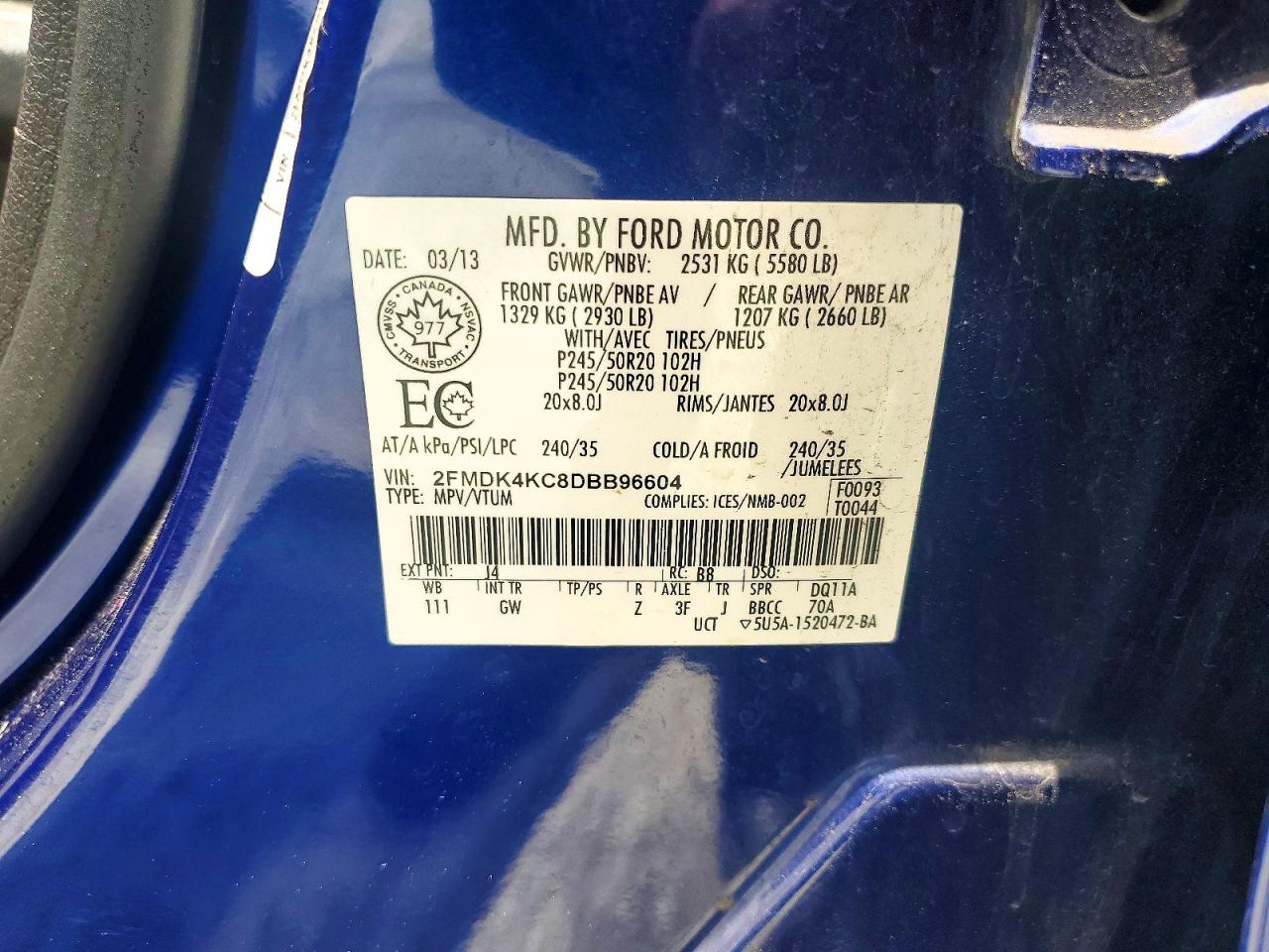 2013 Ford Edge Limited Blue vin: 2FMDK4KC8DBB96604