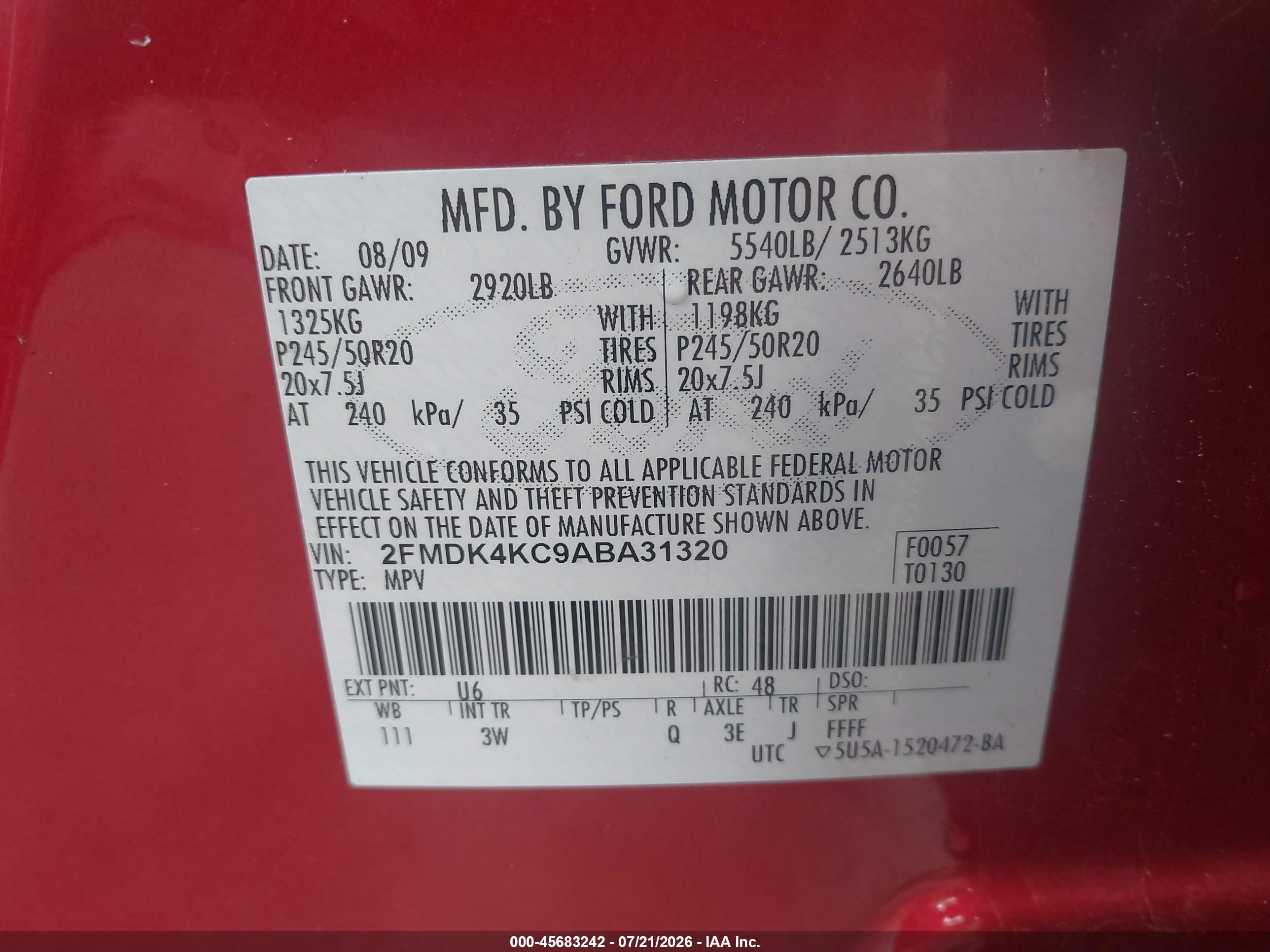 2010 Ford Edge Limited Red vin: 2FMDK4KC9ABA31320