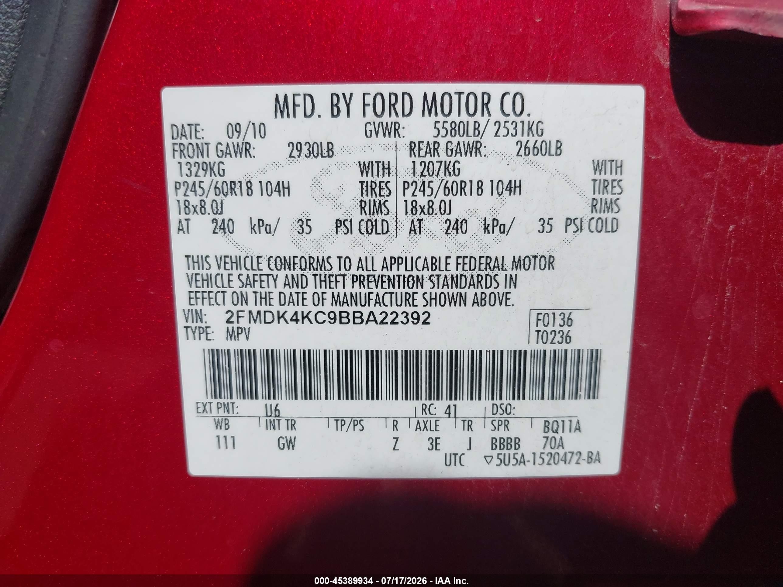 2011 Ford Edge Limited Red vin: 2FMDK4KC9BBA22392