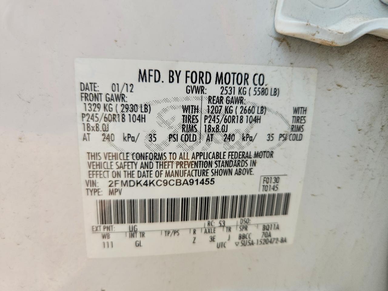 2012 Ford Edge Limited Burn vin: 2FMDK4KC9CBA91455