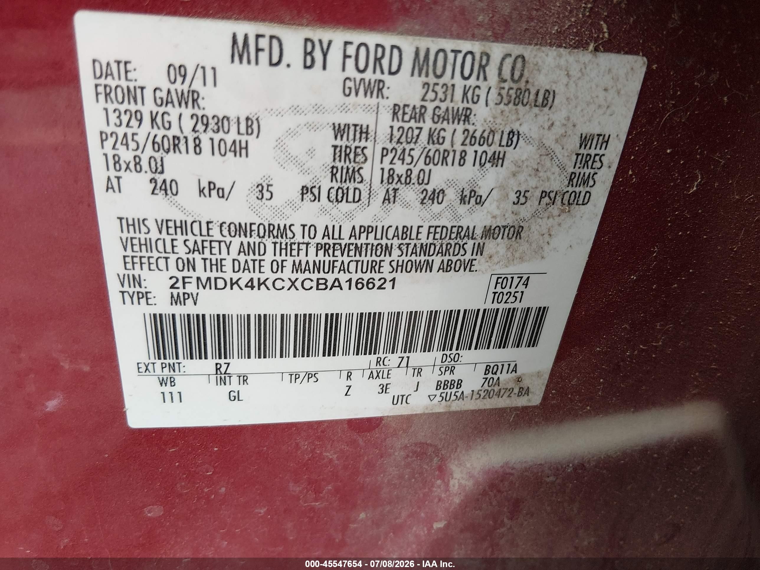 2012 Ford Edge Limited Red vin: 2FMDK4KCXCBA16621