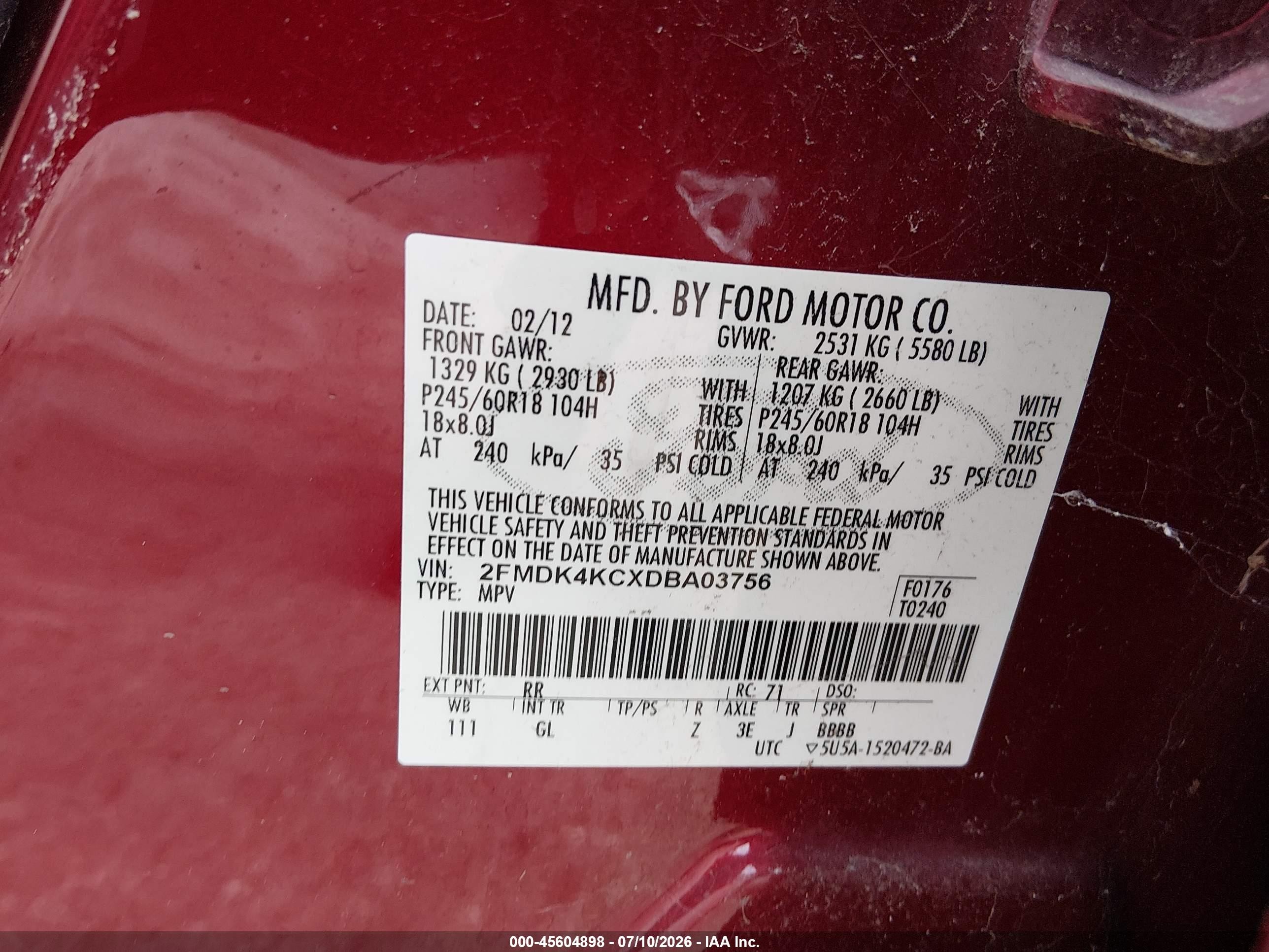 2013 Ford Edge Limited Red vin: 2FMDK4KCXDBA03756