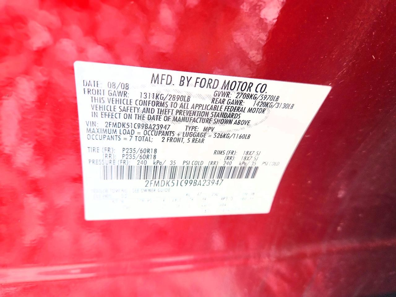 2009 Ford Flex Se Red vin: 2FMDK51C99BA23947