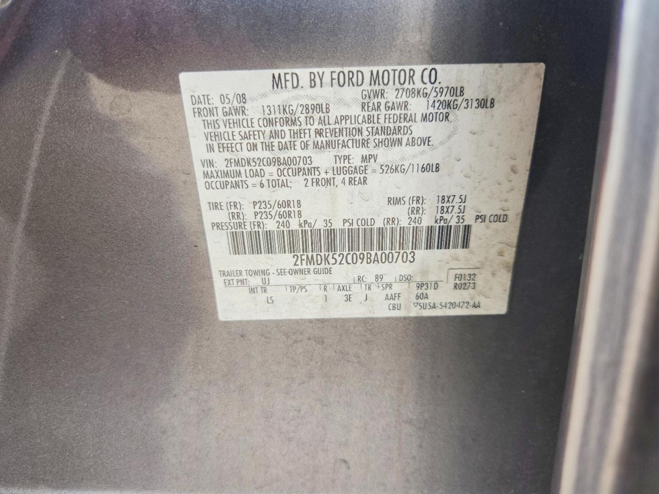2009 Ford Flex Sel Charcoal vin: 2FMDK52C09BA00703