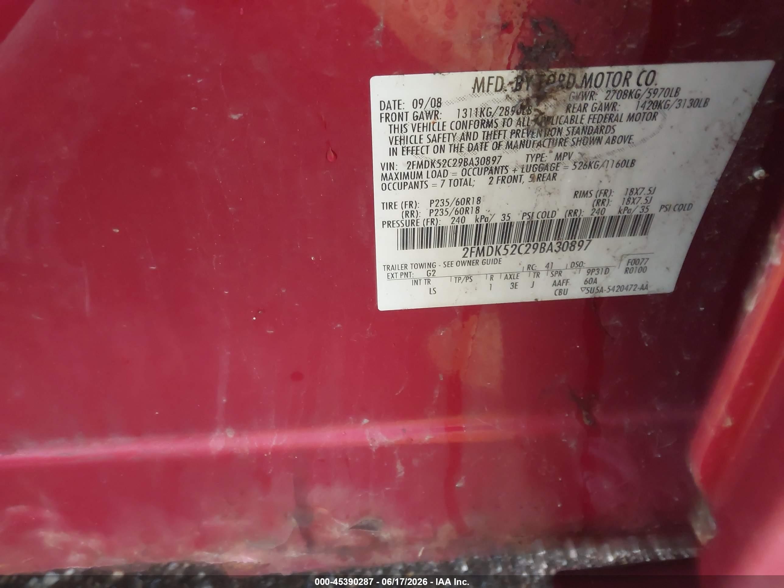 2009 Ford Flex Sel Red vin: 2FMDK52C29BA30897