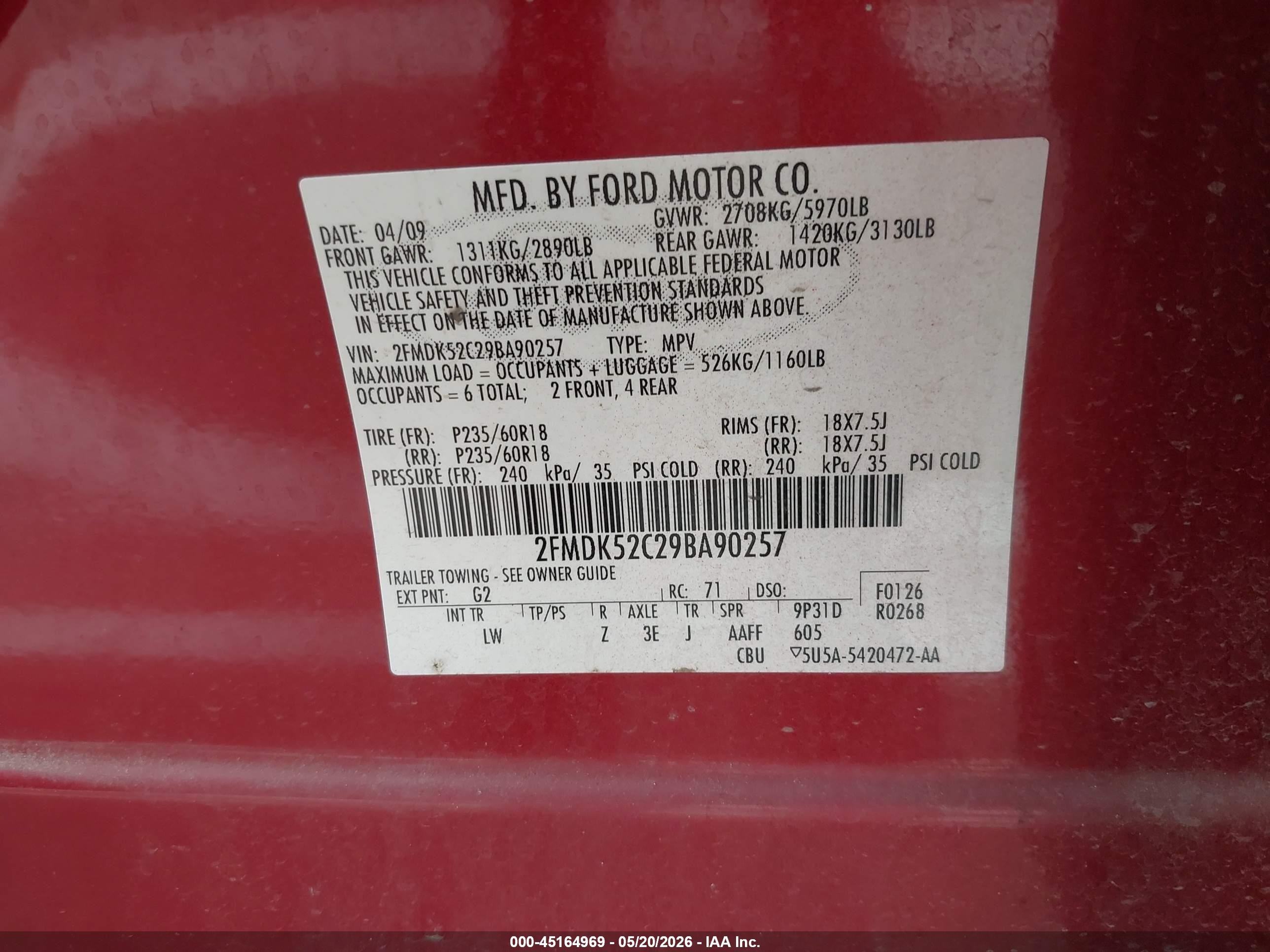 2009 Ford Flex Sel Burgundy vin: 2FMDK52C29BA90257
