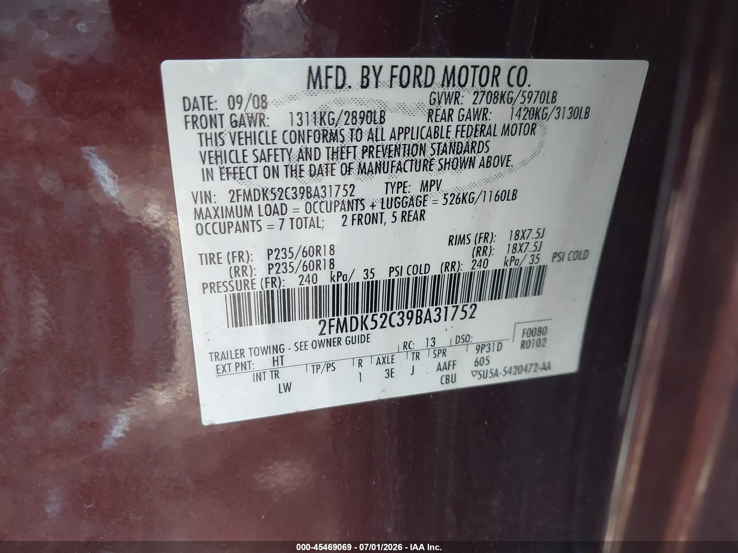 2009 Ford Flex Sel Purple vin: 2FMDK52C39BA31752