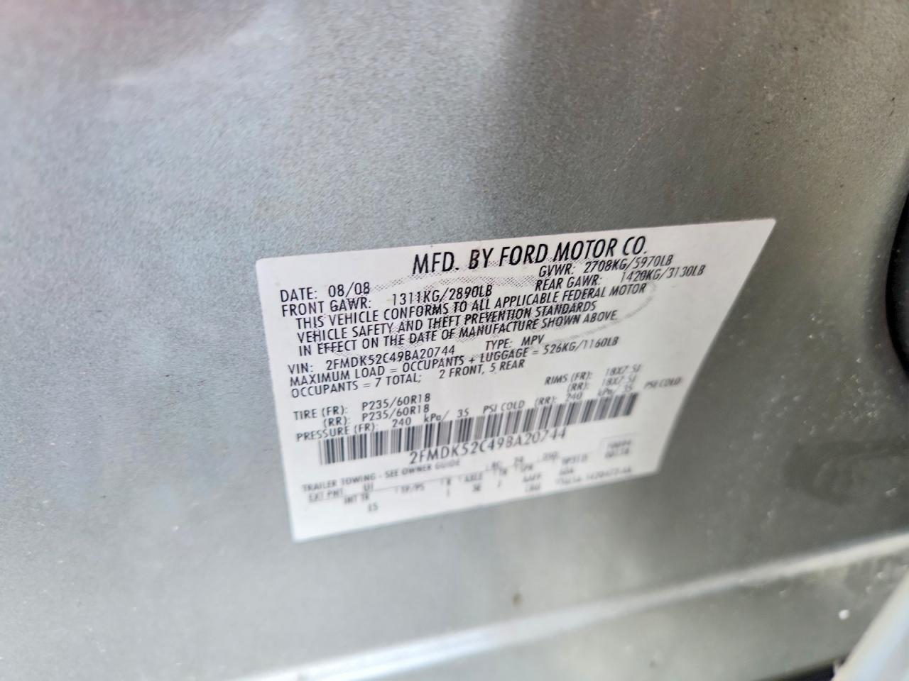 2009 Ford Flex Sel Silver vin: 2FMDK52C49BA20744