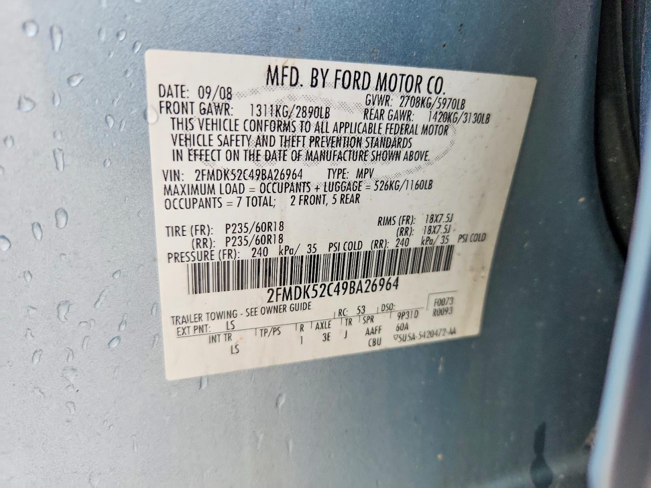 2009 Ford Flex Sel Blue vin: 2FMDK52C49BA26964