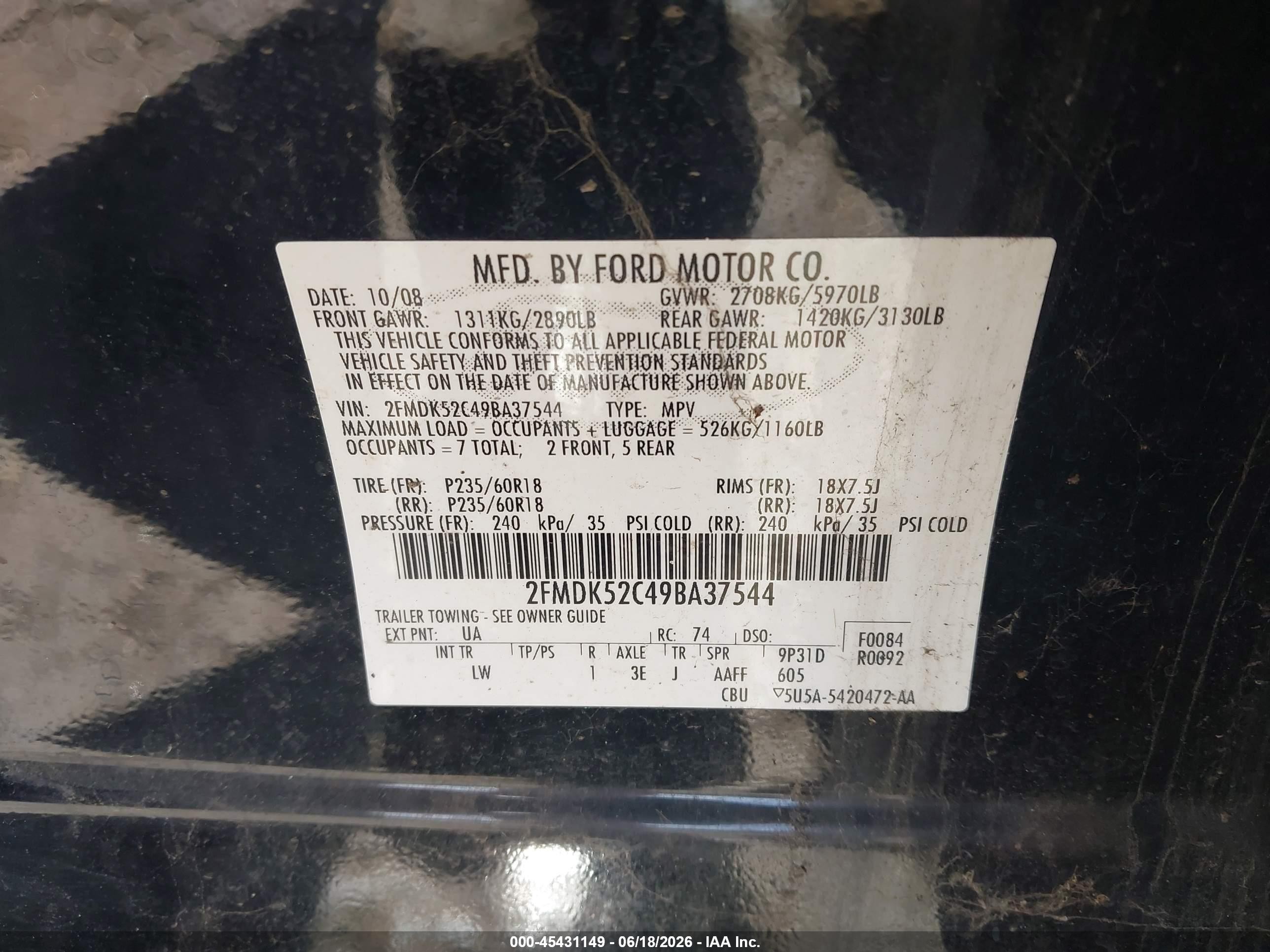 2009 Ford Flex Sel Black vin: 2FMDK52C49BA37544