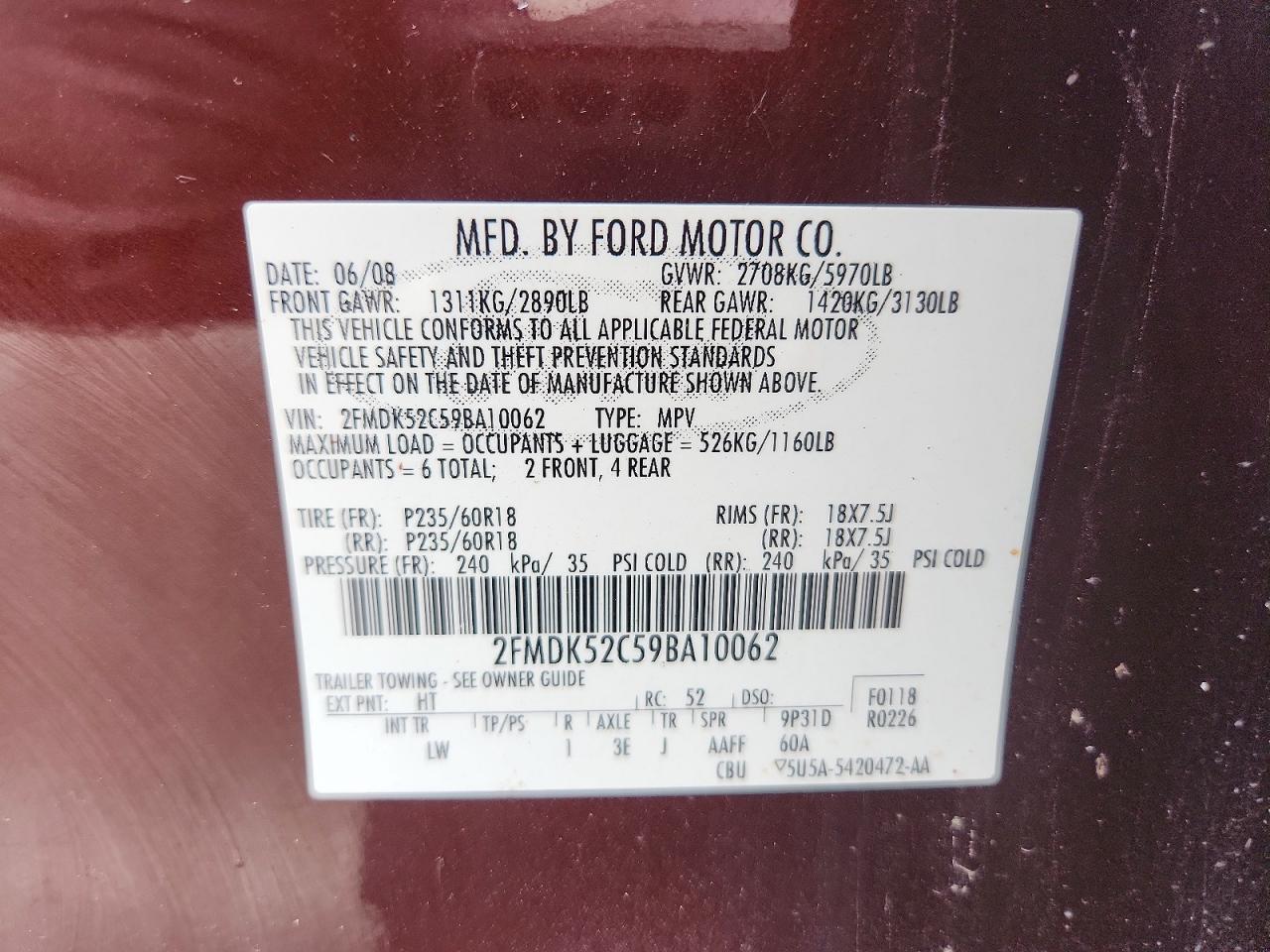 2009 Ford Flex Sel Burgundy vin: 2FMDK52C59BA10062