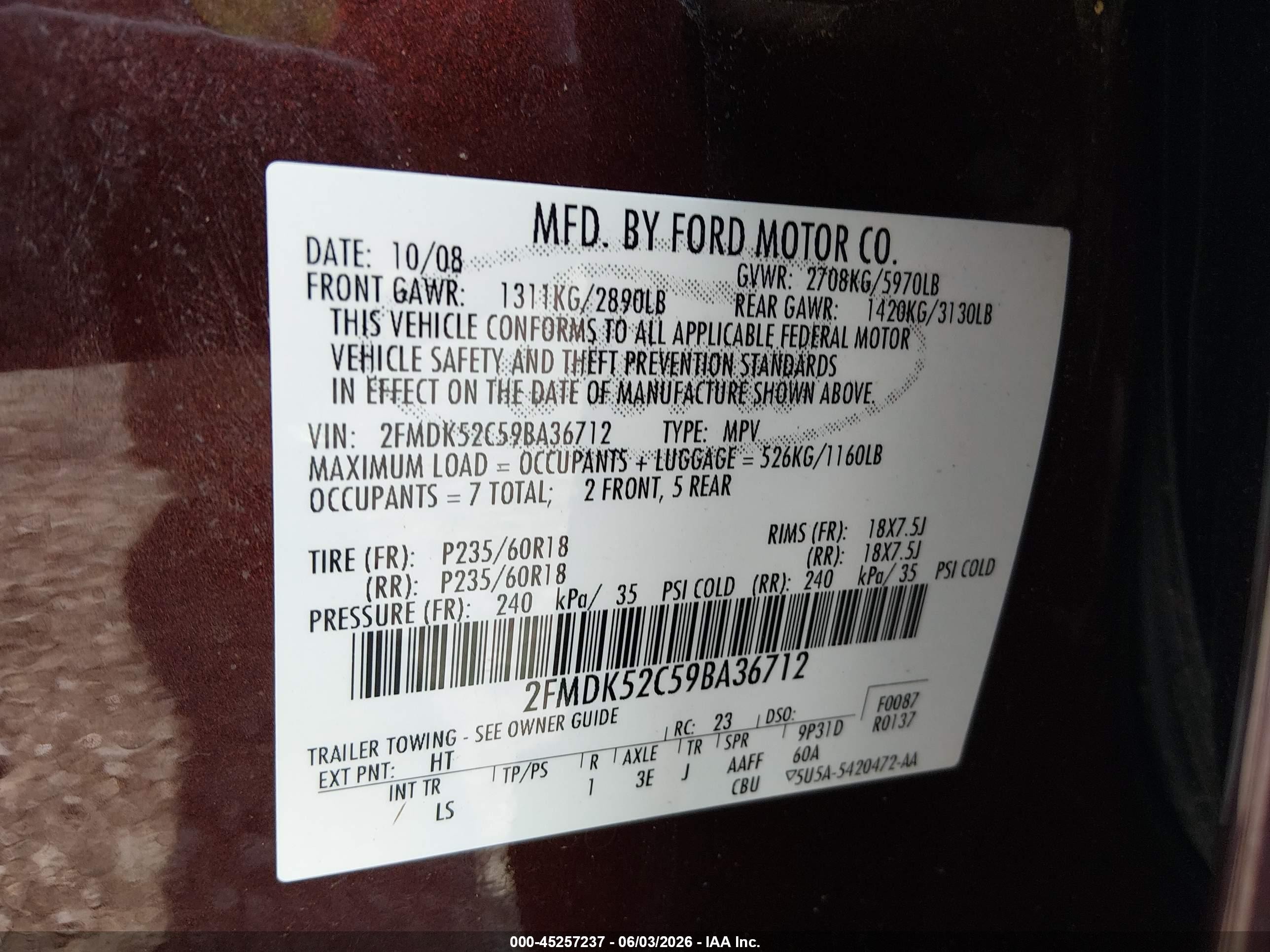 2009 Ford Flex Sel Maroon vin: 2FMDK52C59BA36712