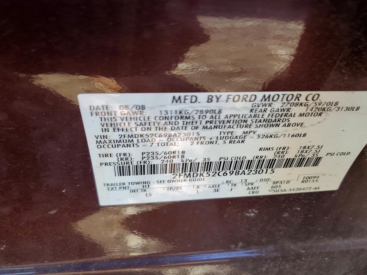2009 Ford Flex Sel Red vin: 2FMDK52C69BA23015