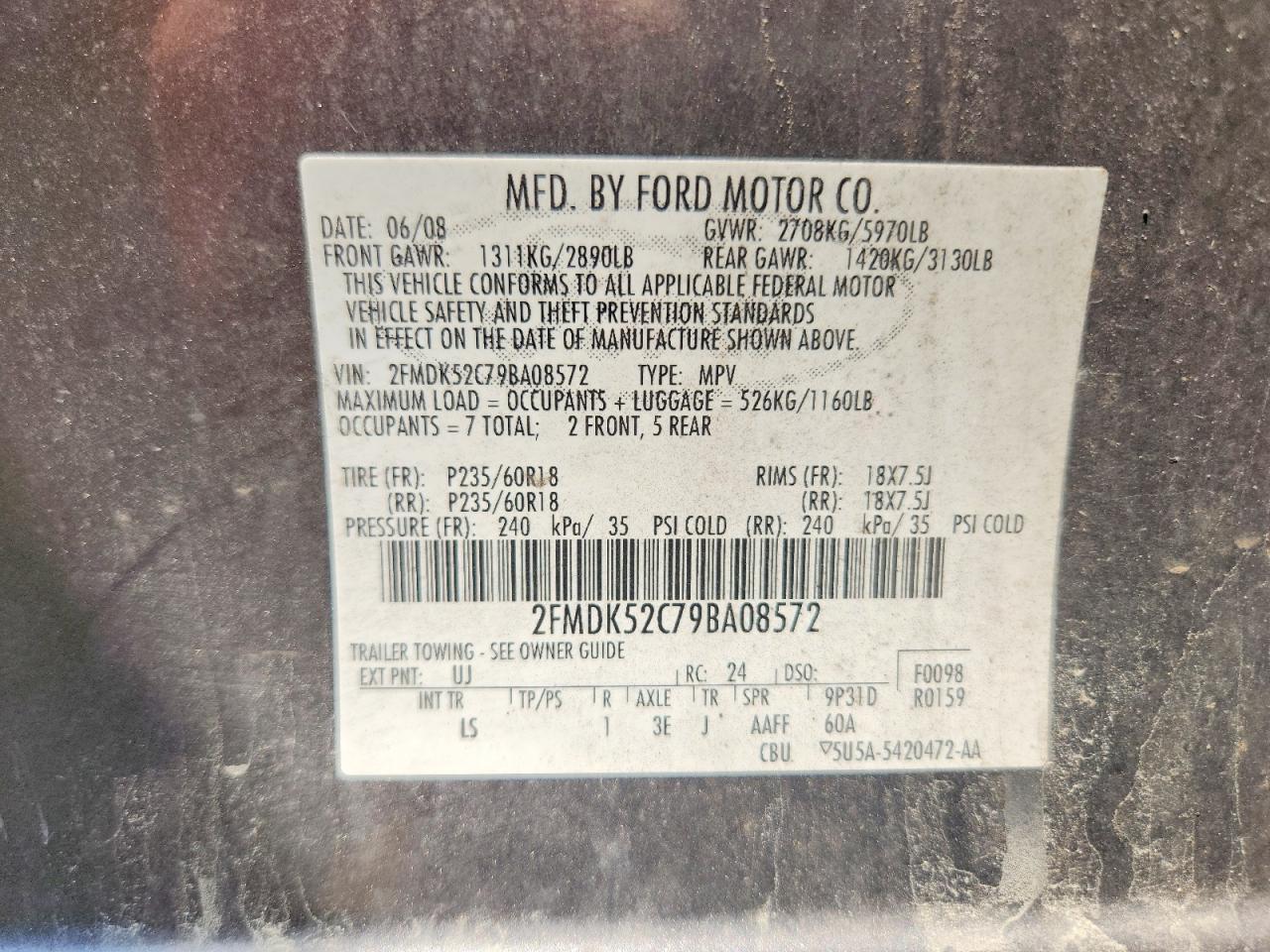 2009 Ford Flex Sel Gray vin: 2FMDK52C79BA08572