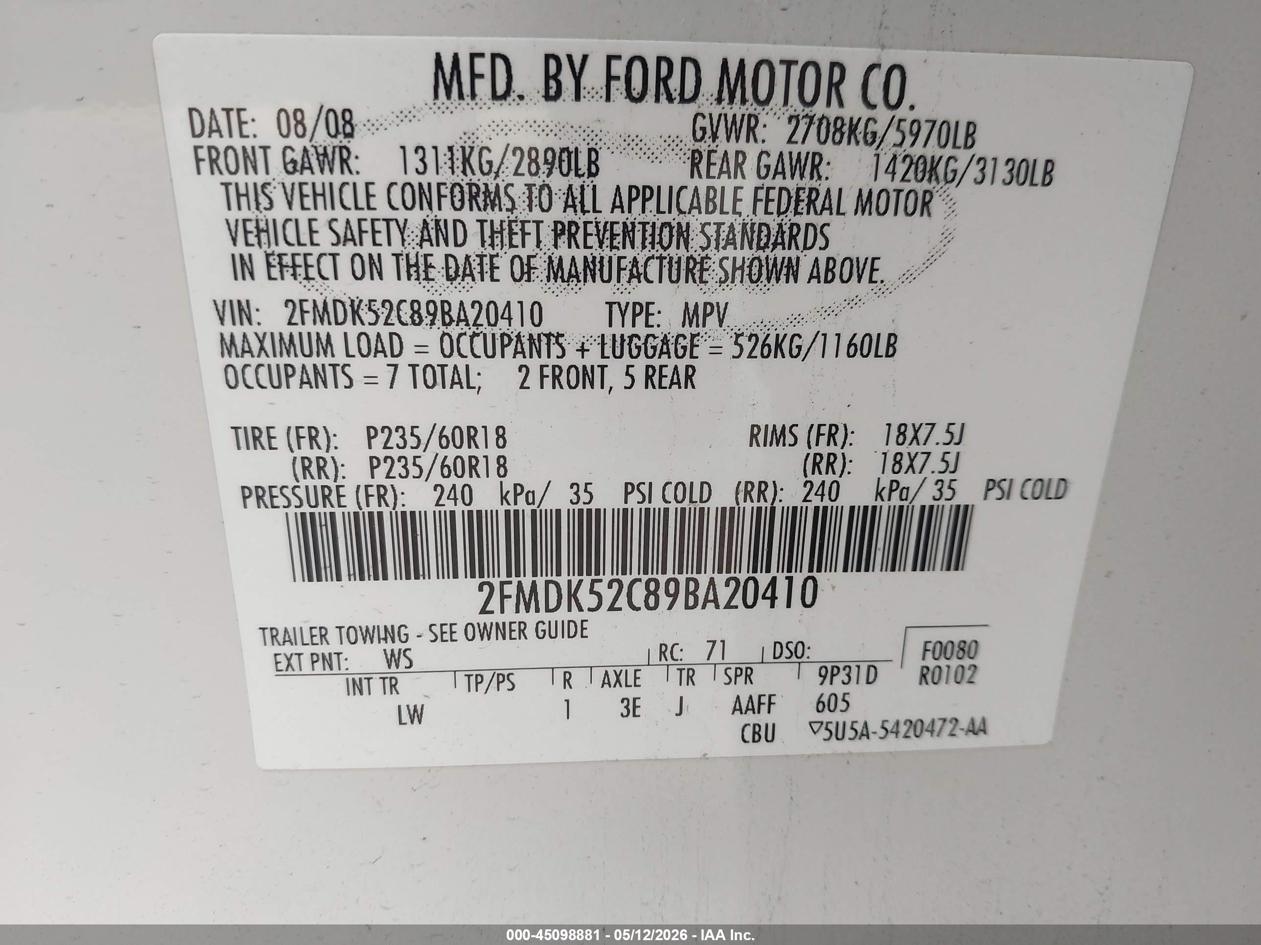 2009 Ford Flex Sel White vin: 2FMDK52C89BA20410