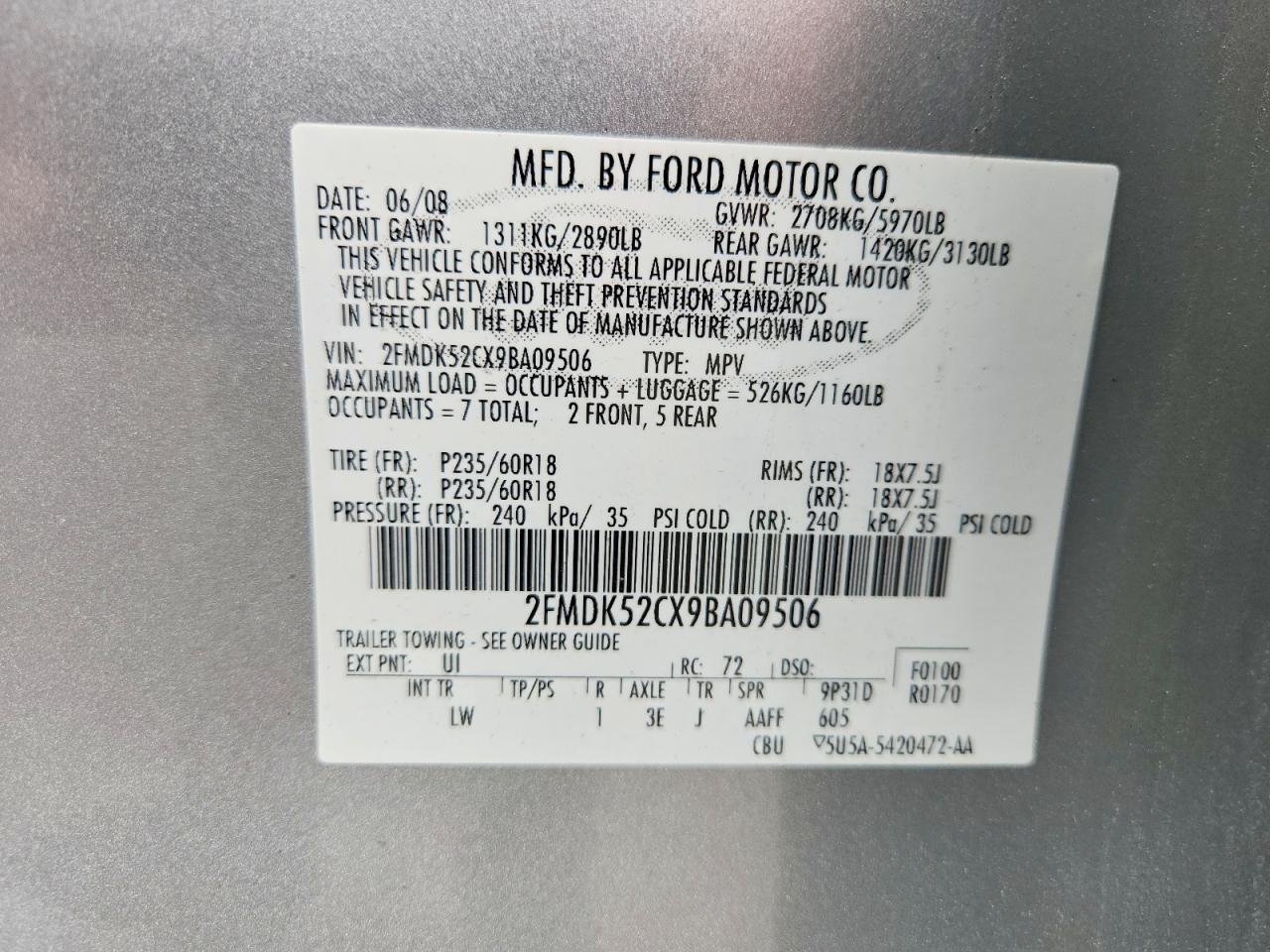 2009 Ford Flex Sel Silver vin: 2FMDK52CX9BA09506