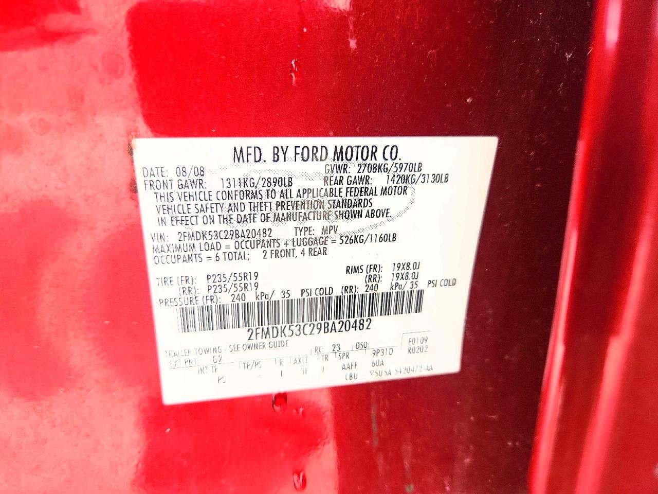 2009 Ford Flex Limited Red vin: 2FMDK53C29BA20482