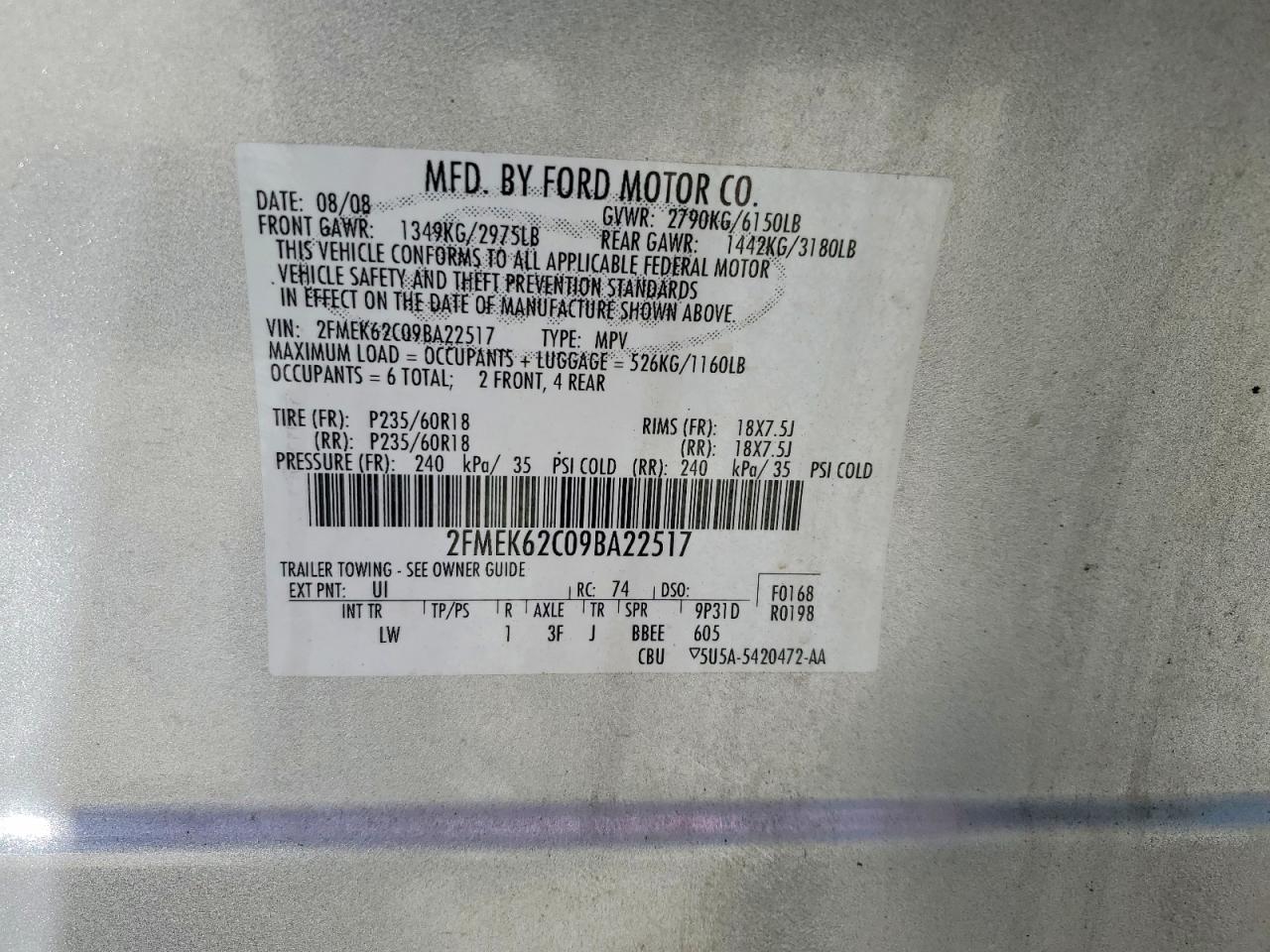 2009 Ford Flex Sel Silver vin: 2FMEK62C09BA22517