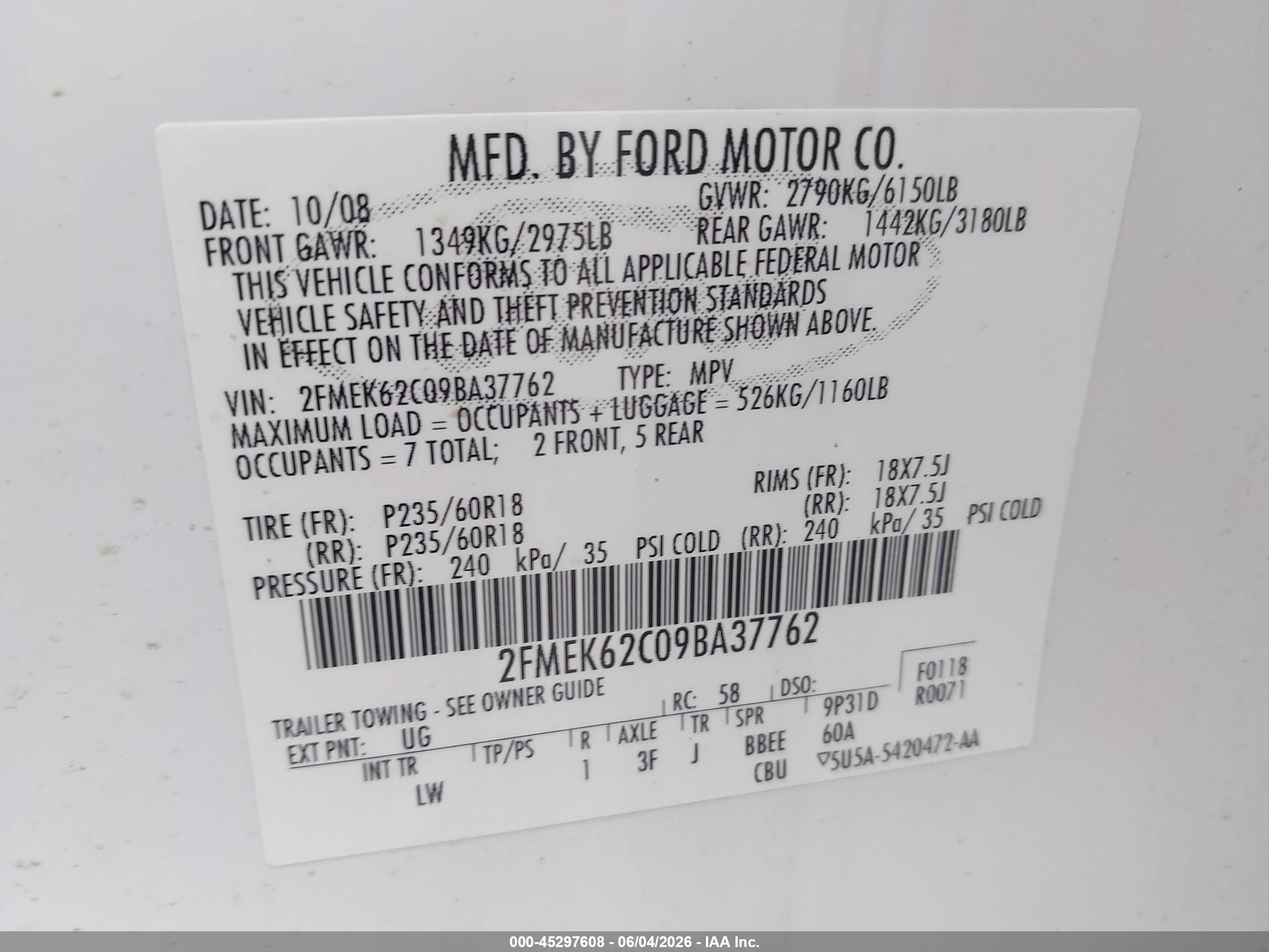 2009 Ford Flex Sel Белый vin: 2FMEK62C09BA37762