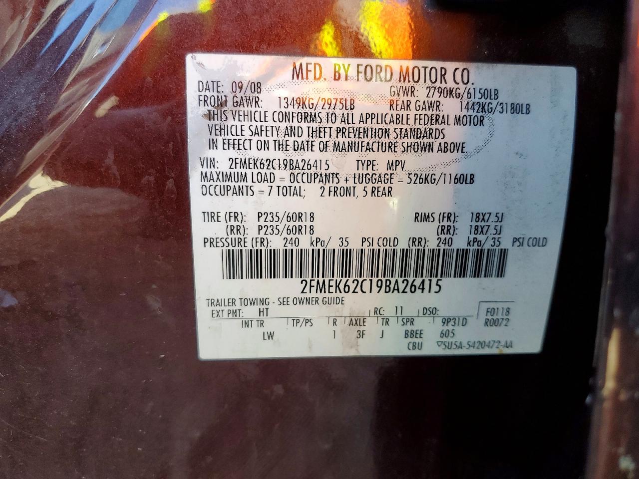 2009 Ford Flex Sel Purple vin: 2FMEK62C19BA26415