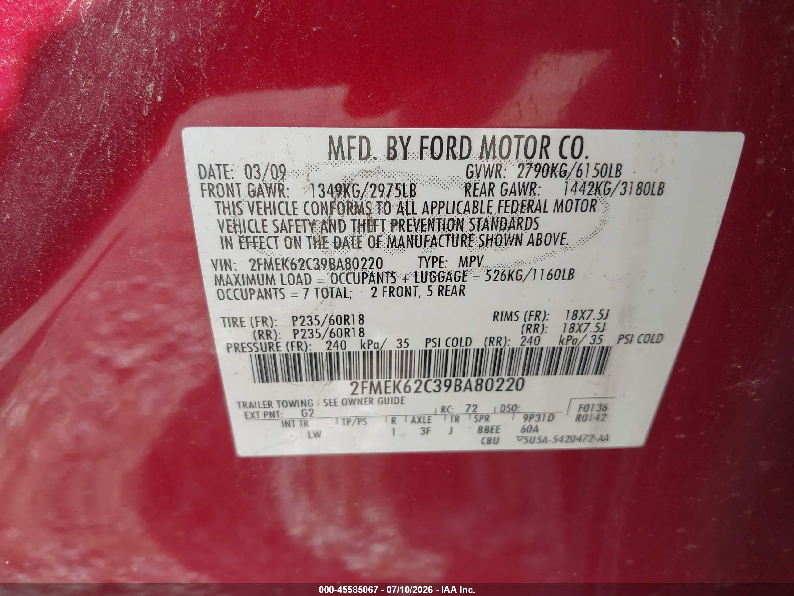 2009 Ford Flex Sel Red vin: 2FMEK62C39BA80220