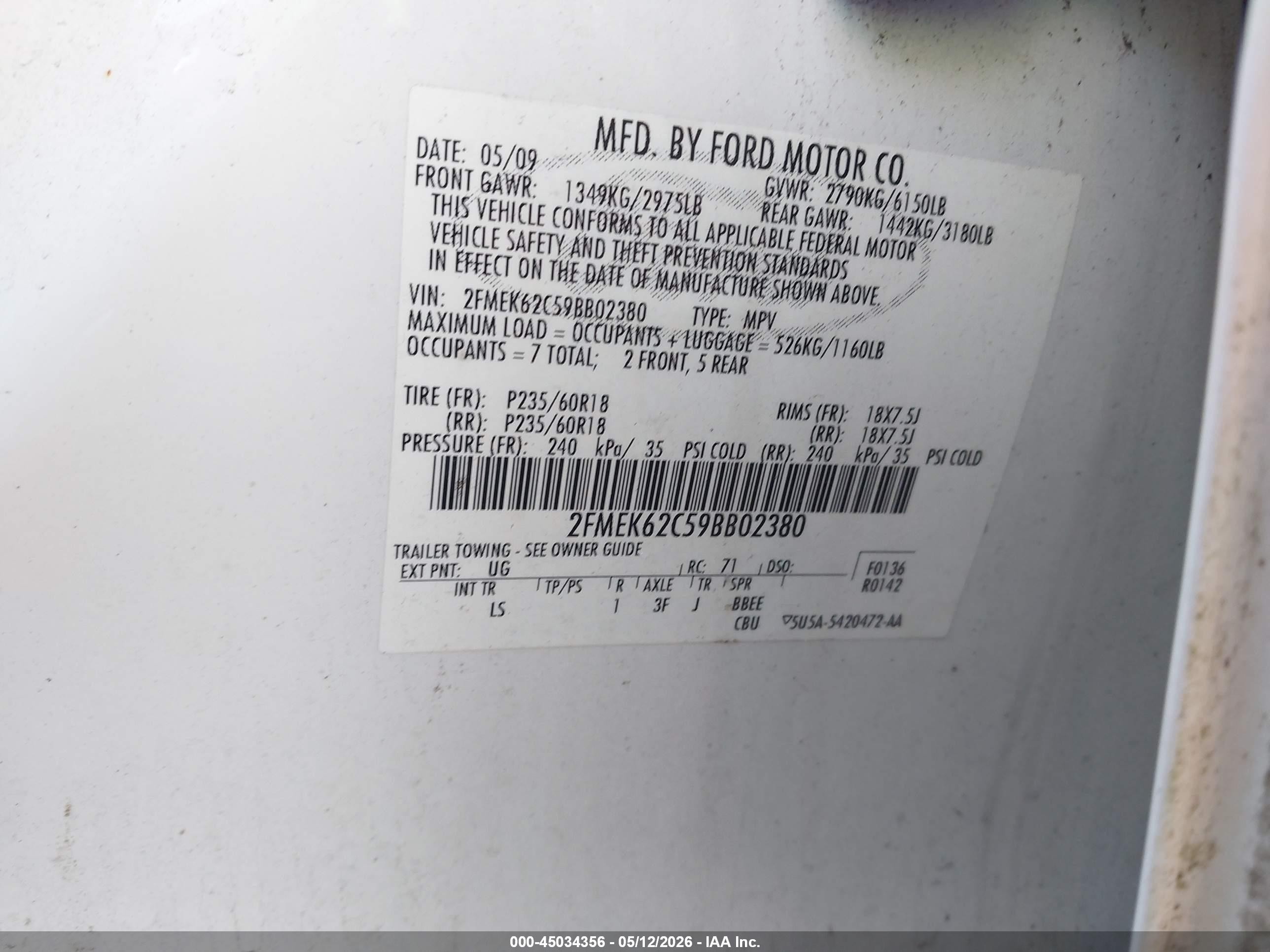 2009 Ford Flex Sel White vin: 2FMEK62C59BB02380