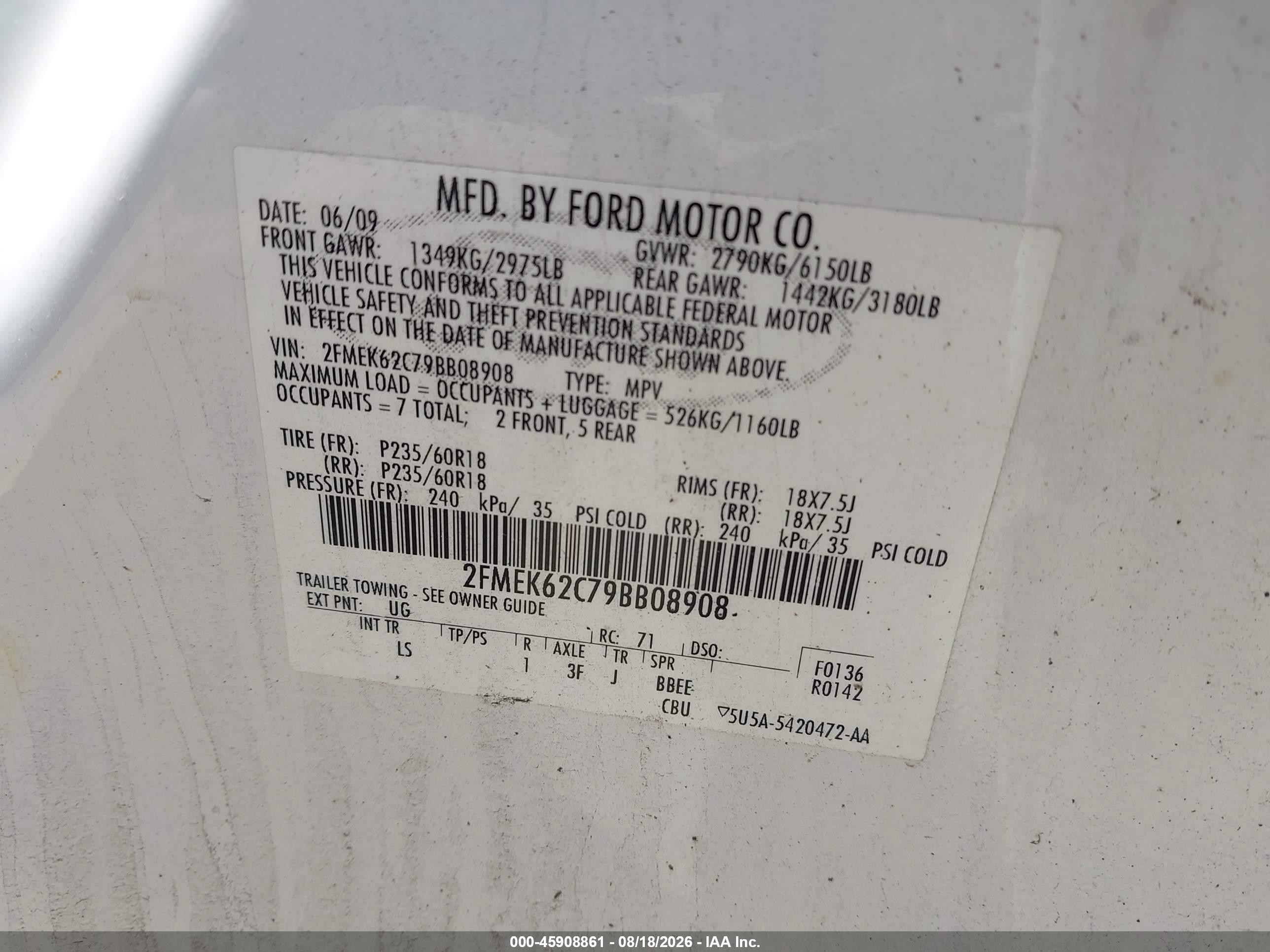 2009 Ford Flex Sel White vin: 2FMEK62C79BB08908