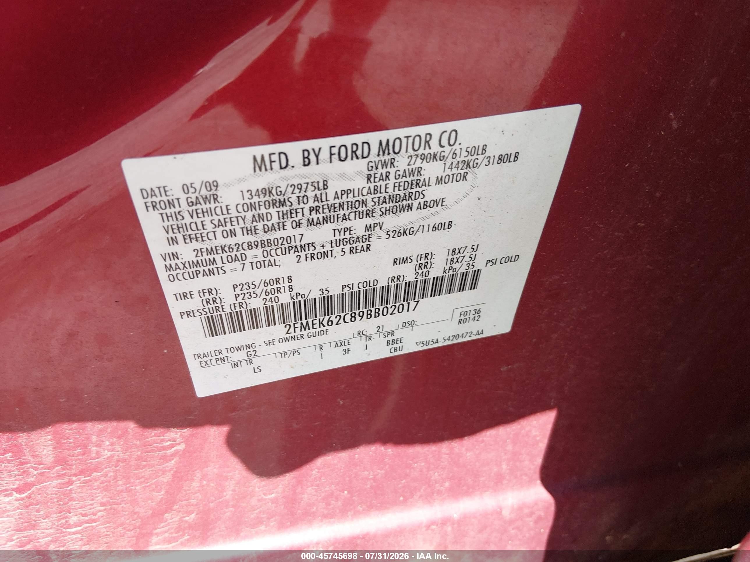 2009 Ford Flex Sel Красный vin: 2FMEK62C89BB02017