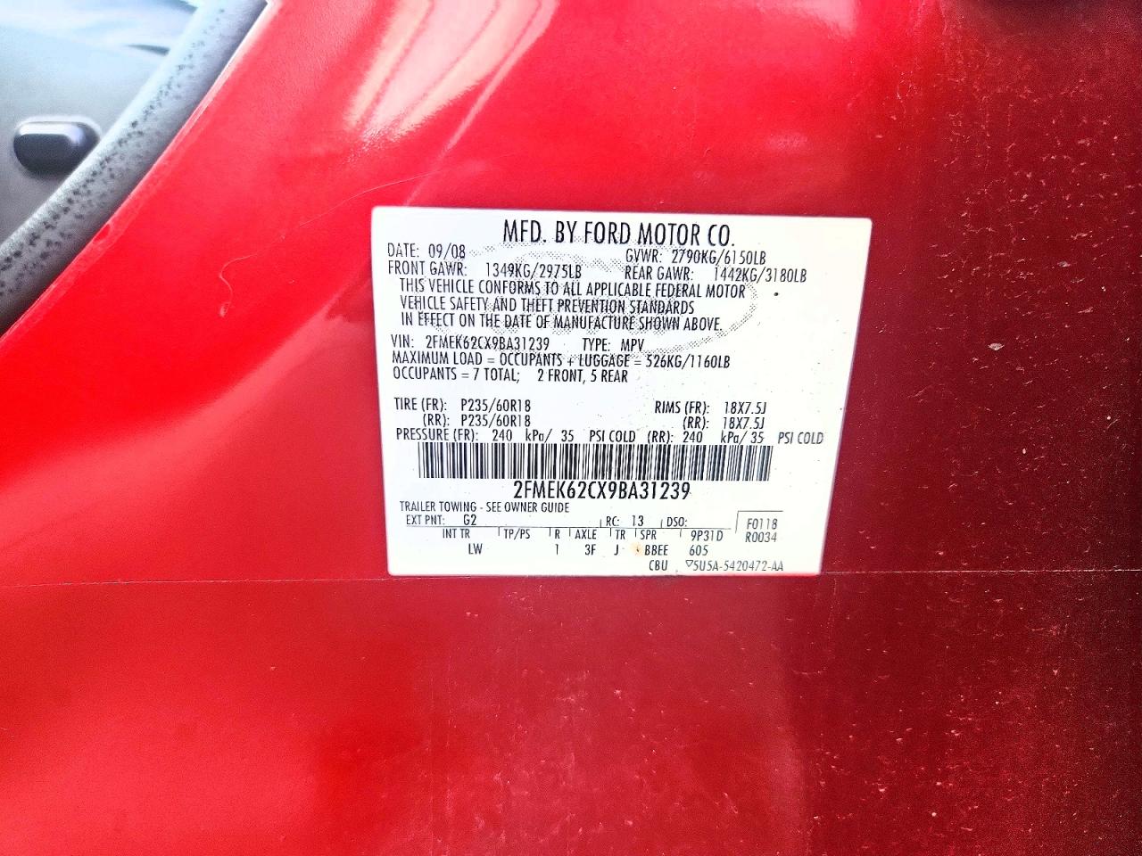 2009 Ford Flex Sel Red vin: 2FMEK62CX9BA31239