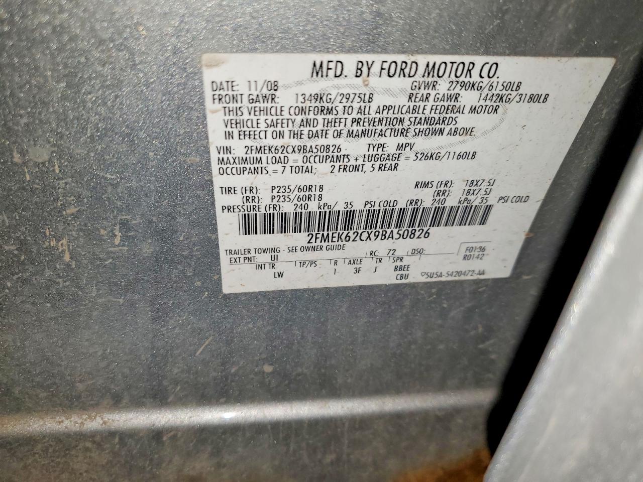 2009 Ford Flex Sel Silver vin: 2FMEK62CX9BA50826