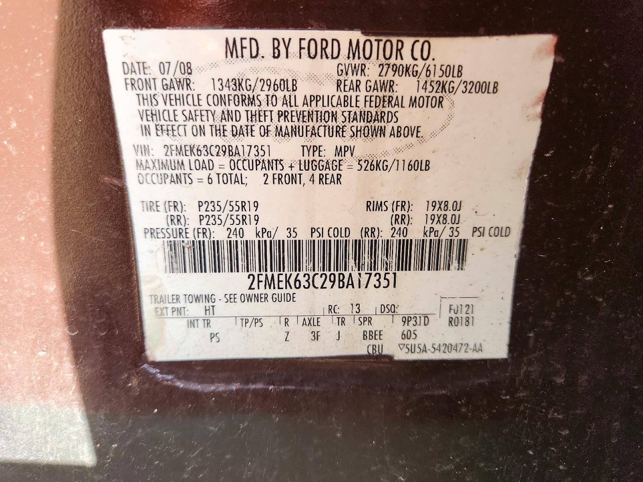 2009 Ford Flex Limited Burgundy vin: 2FMEK63C29BA17351