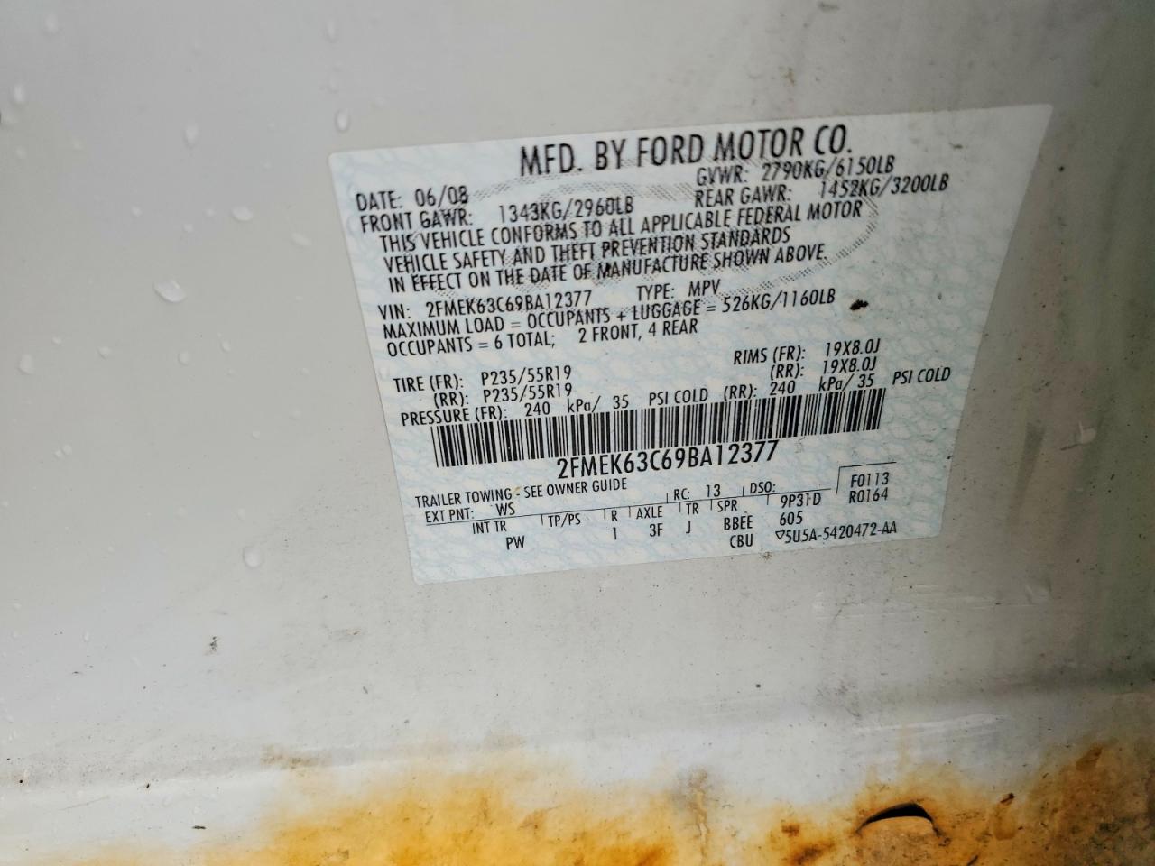 2009 Ford Flex Limited Белый vin: 2FMEK63C69BA12377