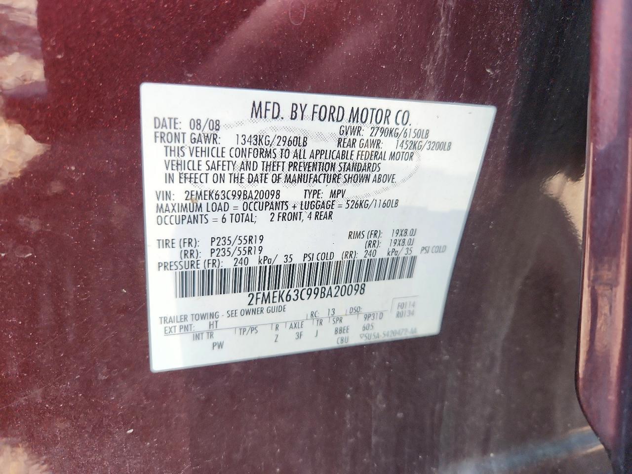 2009 Ford Flex Limited Burgundy vin: 2FMEK63C99BA20098