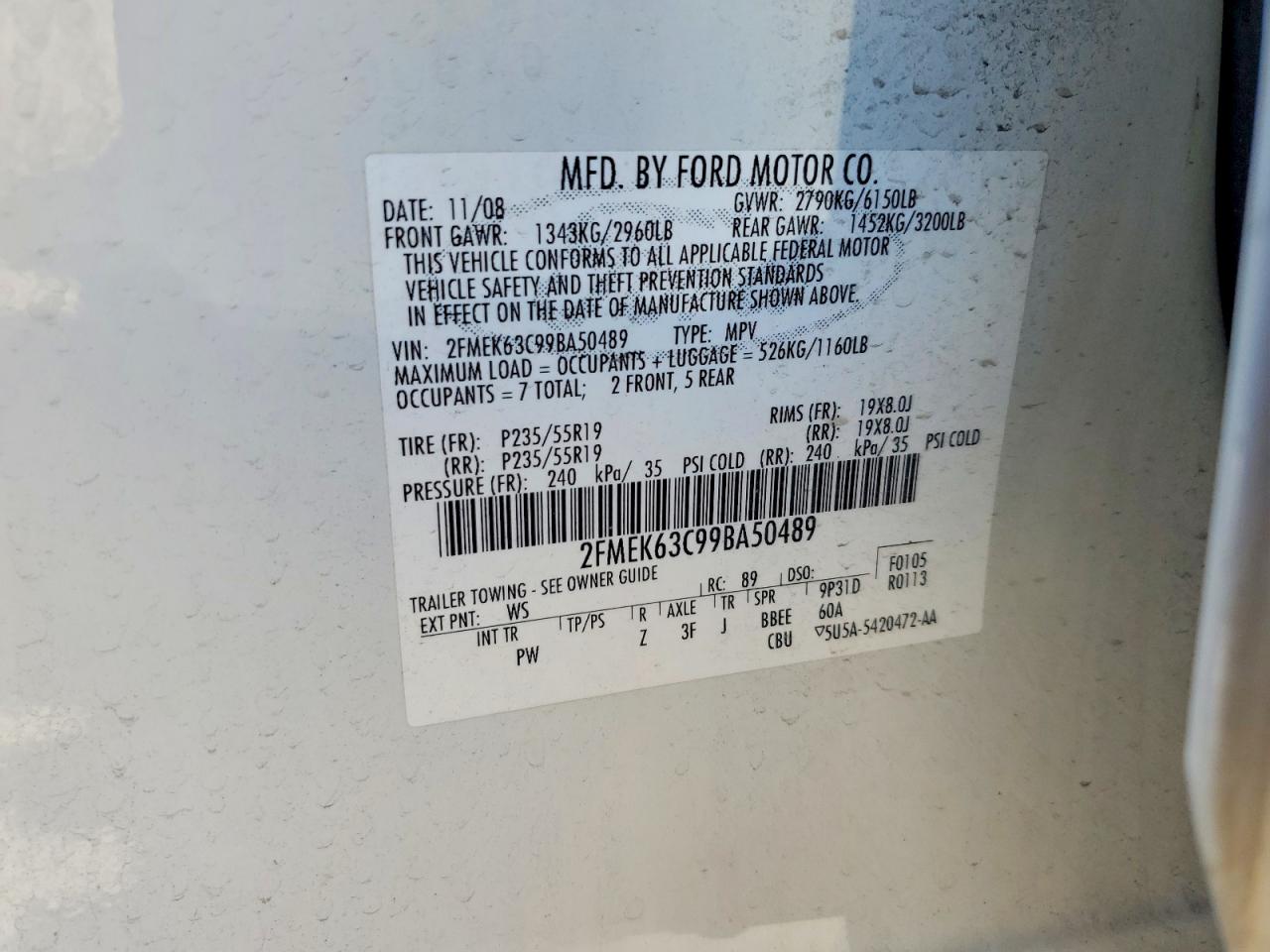 2009 Ford Flex Limited White vin: 2FMEK63C99BA50489