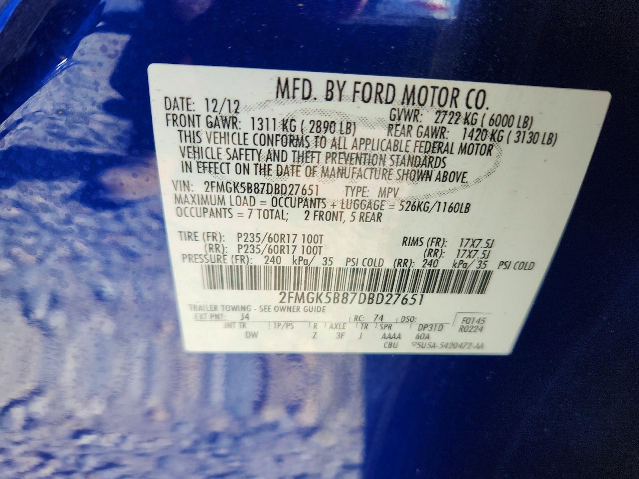2013 Ford Flex Blue vin: 2FMGK5B87DBD27651