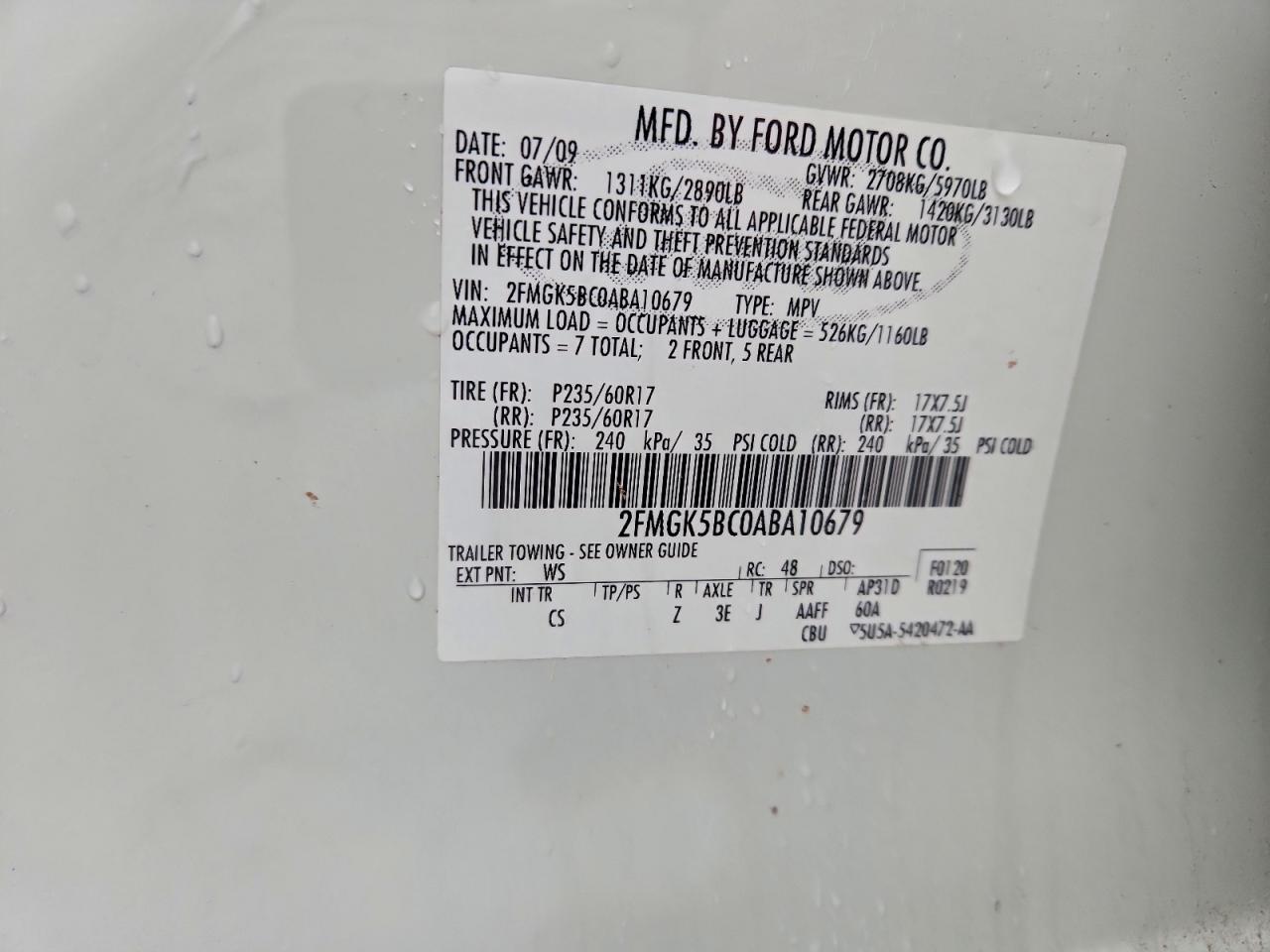2010 Ford Flex Se White vin: 2FMGK5BC0ABA10679
