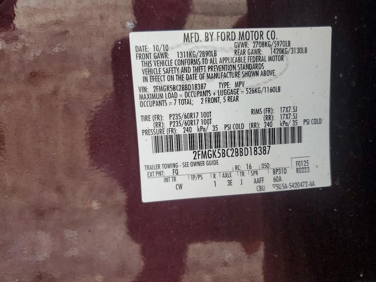 2011 Ford Flex Se Maroon vin: 2FMGK5BC2BBD18387