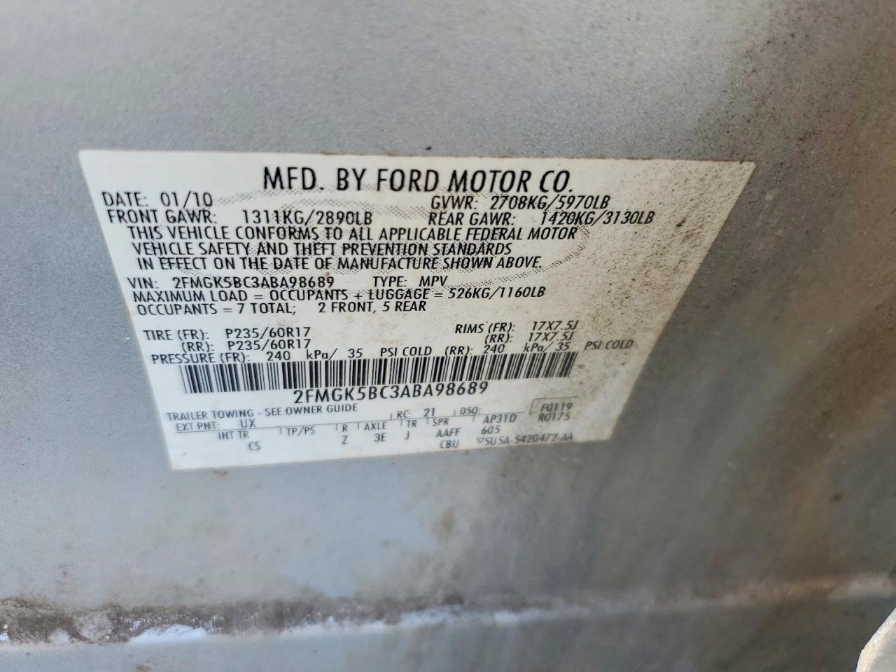 2010 Ford Flex Silver vin: 2FMGK5BC3ABA98689