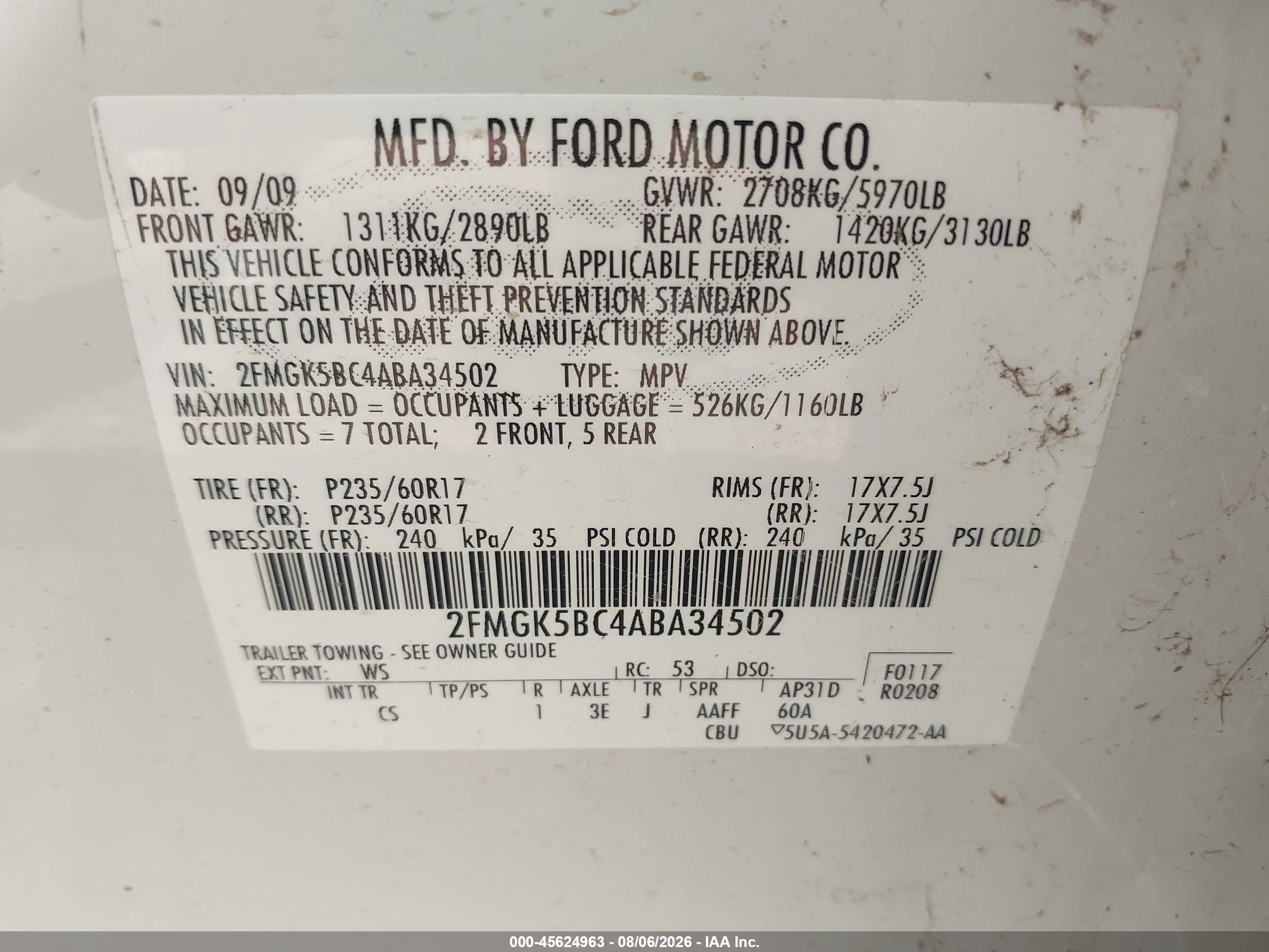 2010 Ford Flex Se White vin: 2FMGK5BC4ABA34502