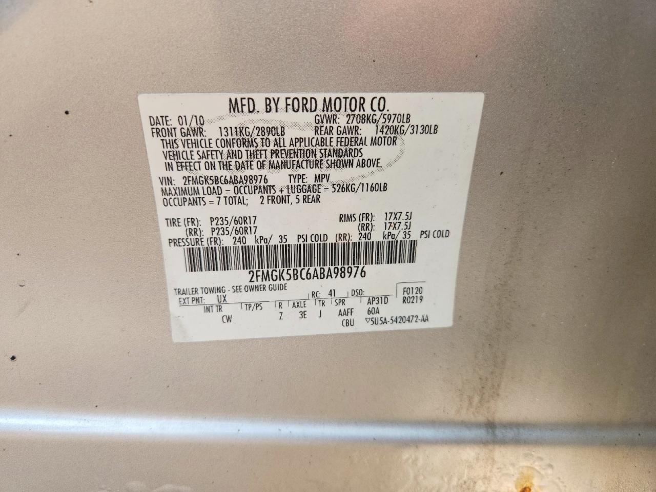 2010 Ford Flex Se Silver vin: 2FMGK5BC6ABA98976
