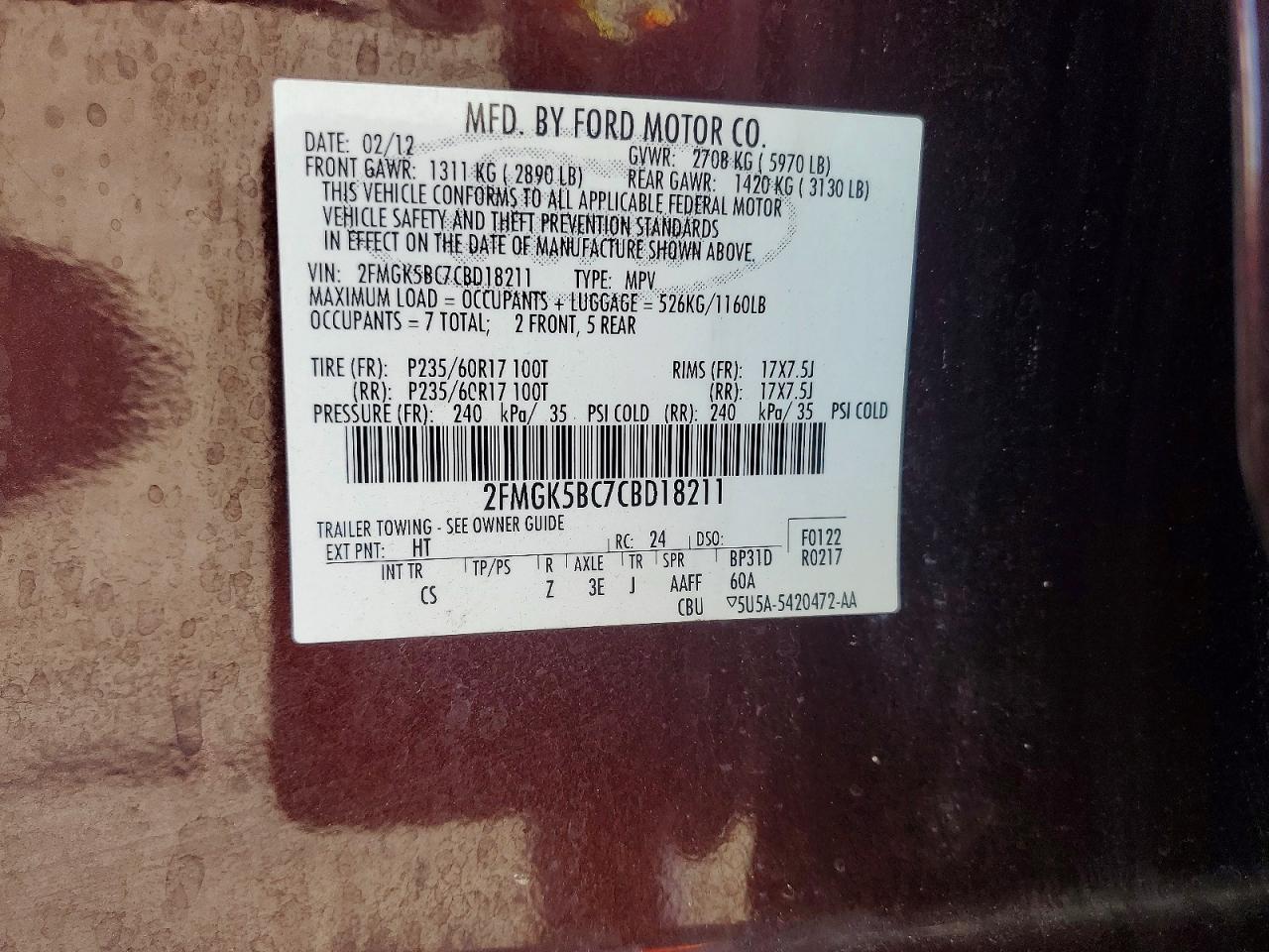 2012 Ford Flex Se Burgundy vin: 2FMGK5BC7CBD18211