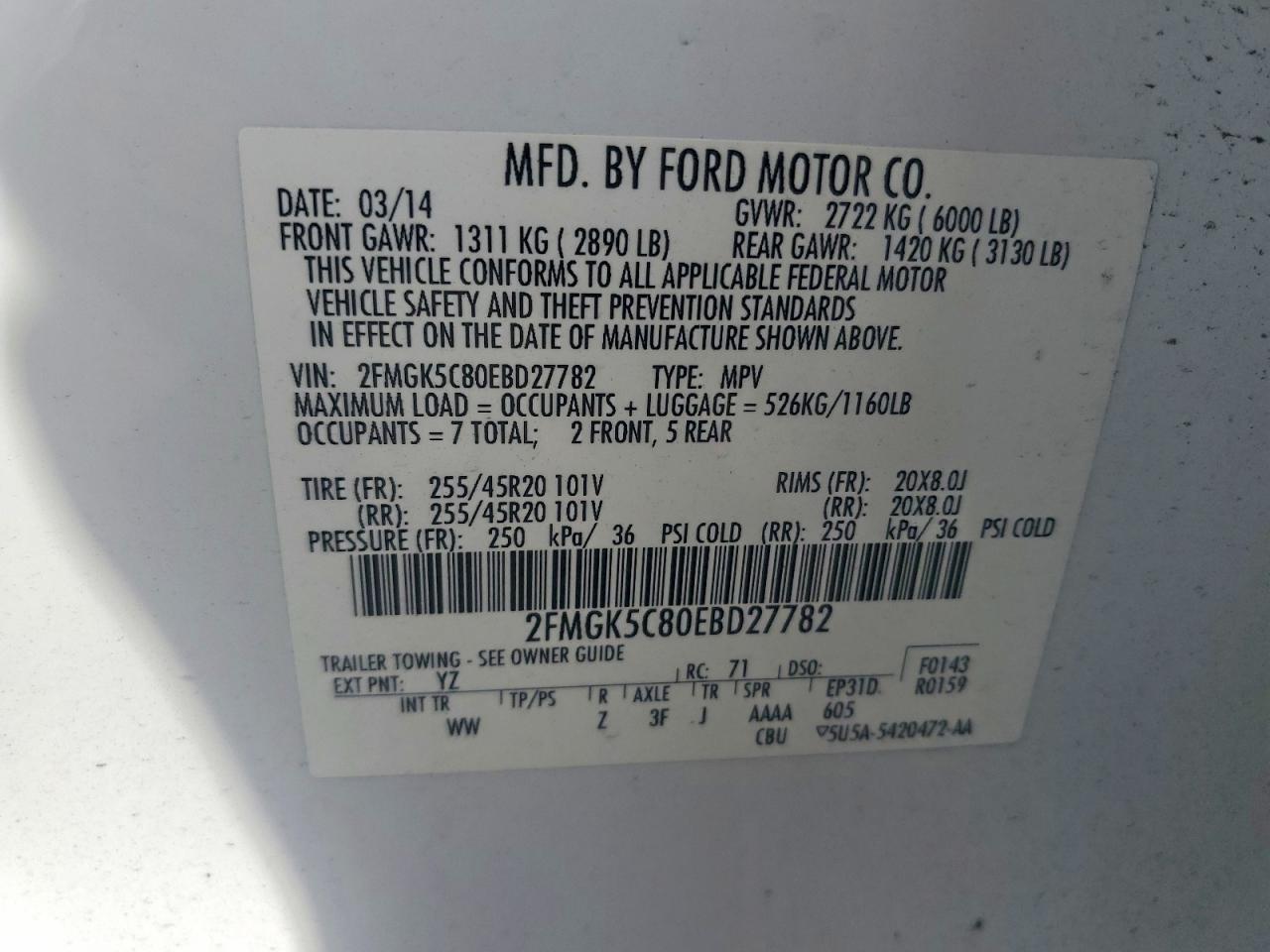 2014 Ford Flex Sel White vin: 2FMGK5C80EBD27782