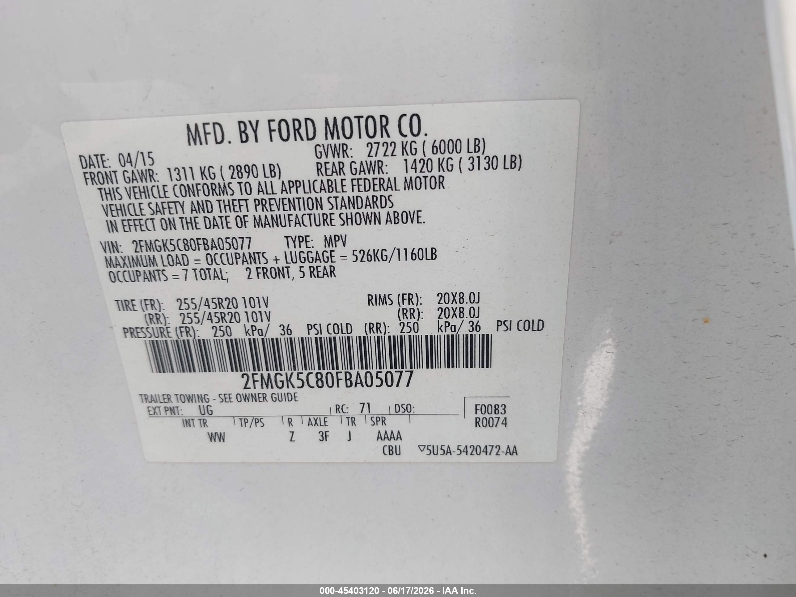 2015 Ford Flex Sel White vin: 2FMGK5C80FBA05077
