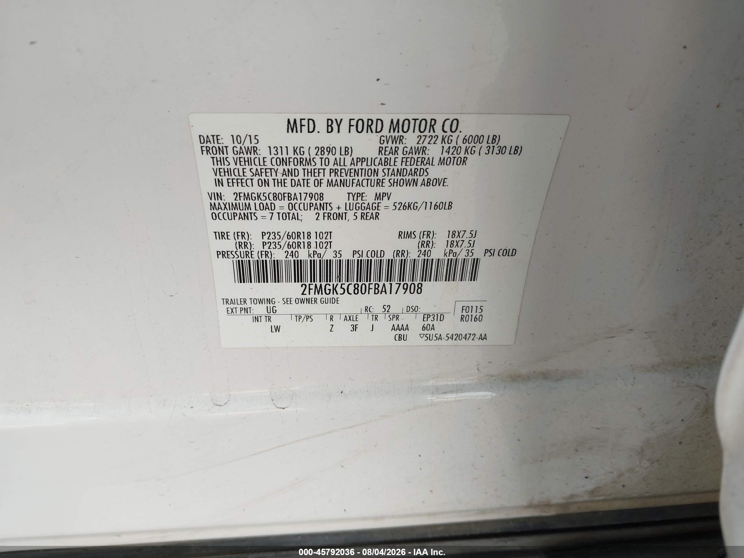 2015 Ford Flex Sel White vin: 2FMGK5C80FBA17908