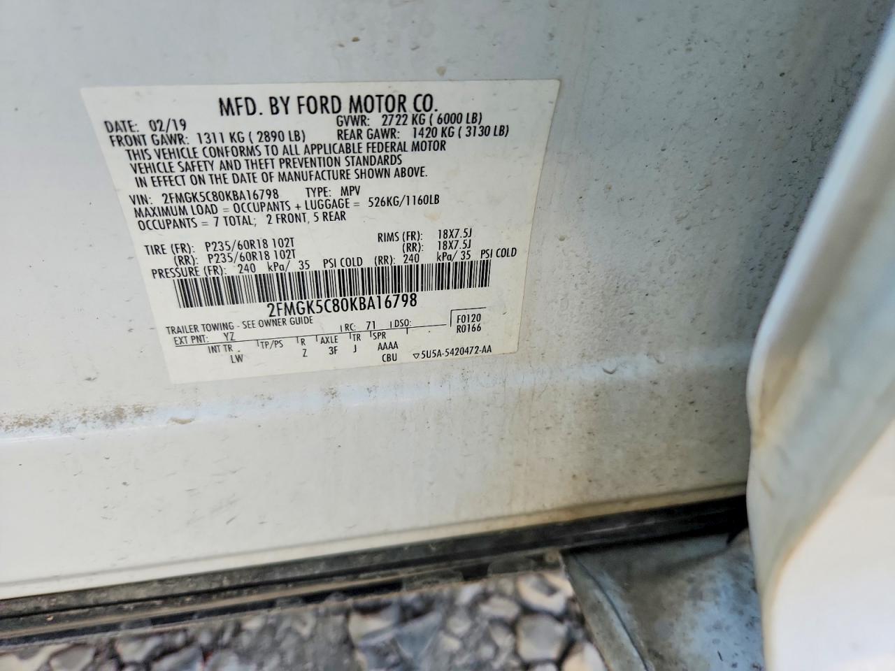 2019 Ford Flex Sel White vin: 2FMGK5C80KBA16798